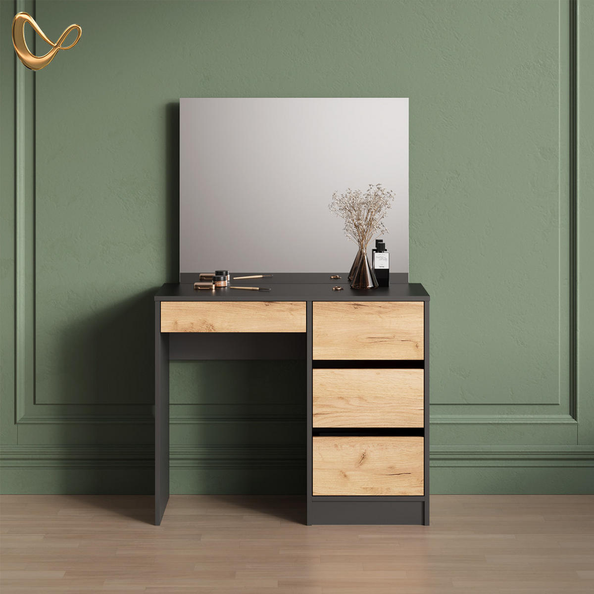 SCHMINKTISCH Imola Anthrazit/Goldkraft Eiche 120 cm - Anthrazit/Eiche Wotan, Holzwerkstoff (120/75/55cm) - Livinity®