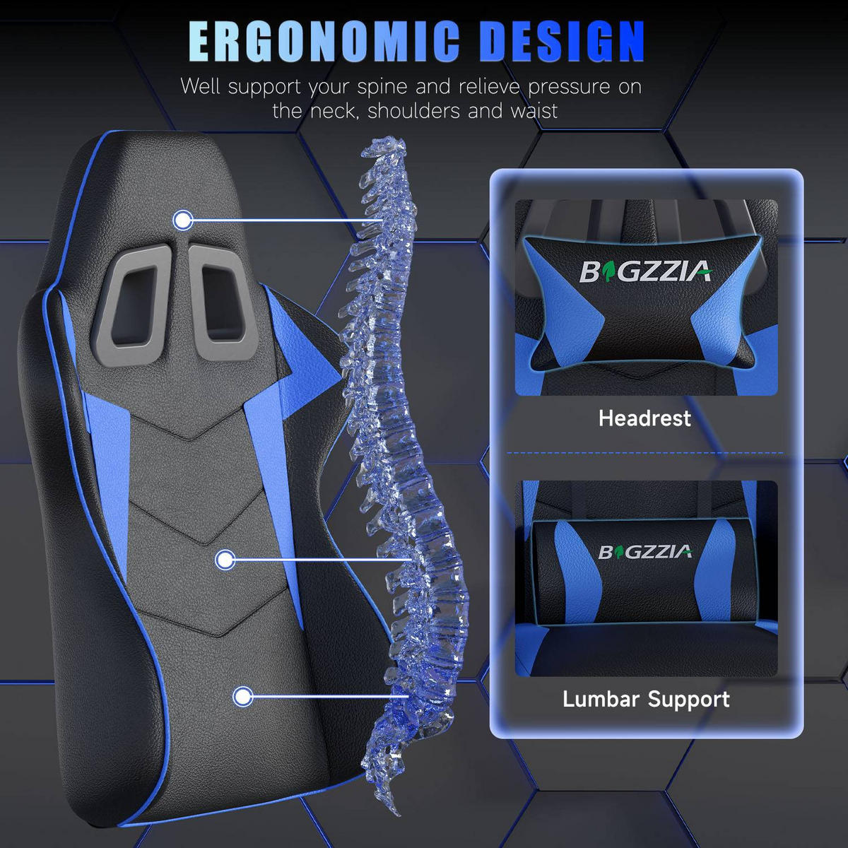 GAMING-STUHL ergonomisch, verstellbare Rückenlehne, Kissen – Blau - Blau, Leder (59/120/56cm) - Rattantree