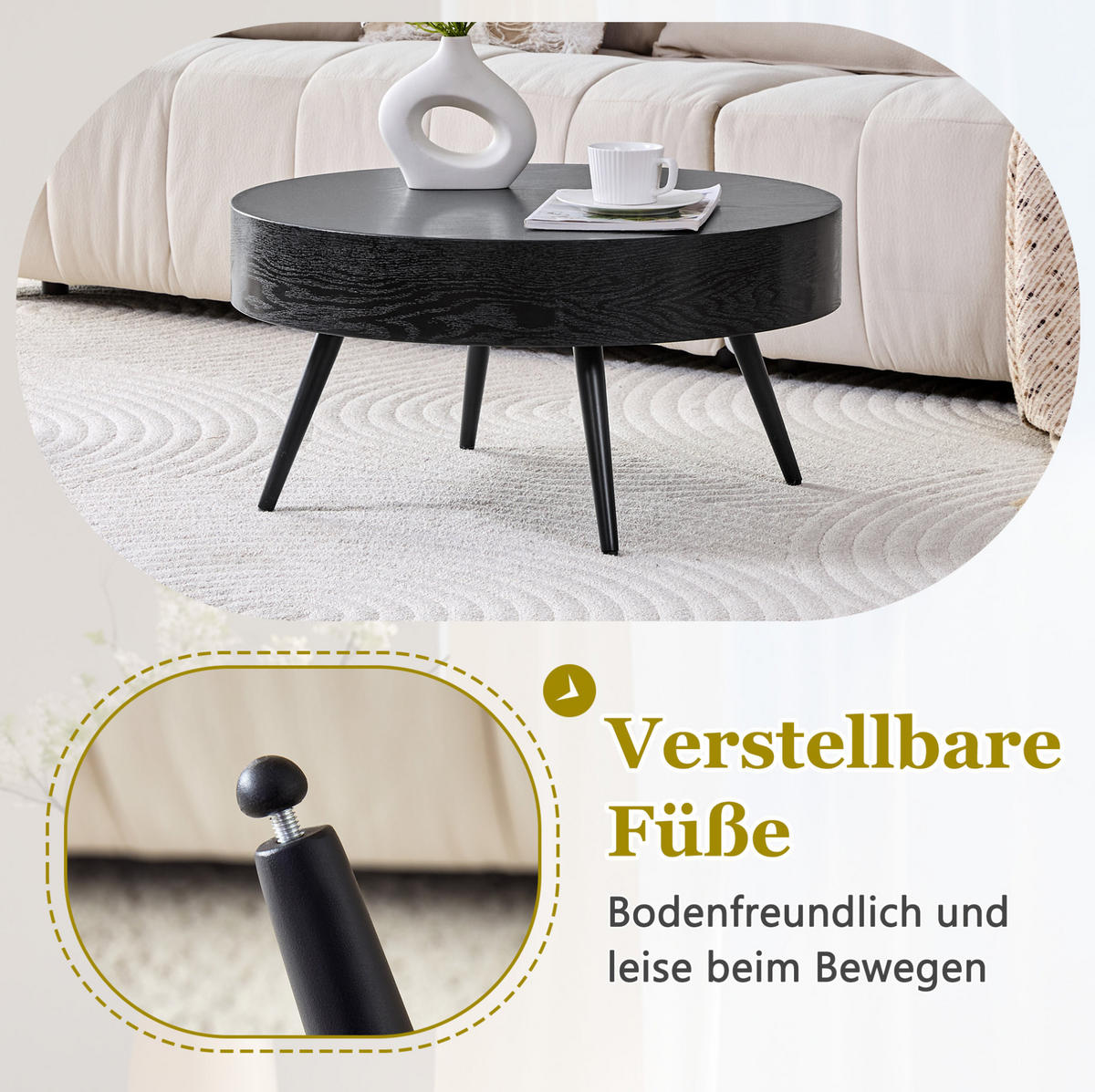 COUCHTISCH 70/35.5 cm Schwarz aus MDF und Metall in runder Form - Schwarz, Holzwerkstoff (70/70/35.5cm) - OKMYHOME