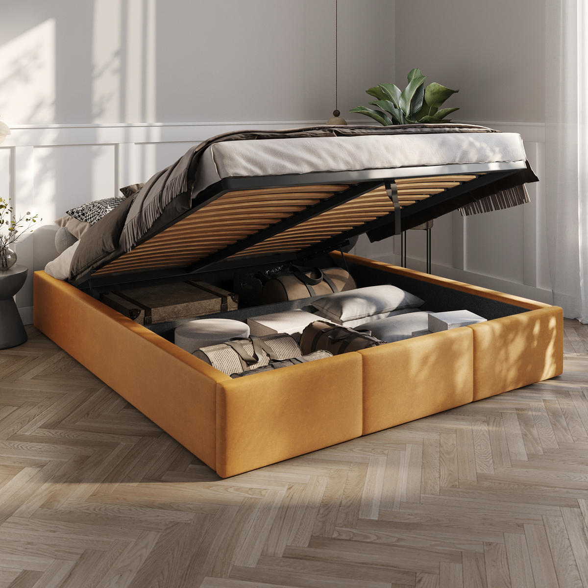 POLSTERBETT für Schlafzimmer Bett mit Stauraum Gelb 160x200cm - Gelb, Holzwerkstoff/Textil - Muralo