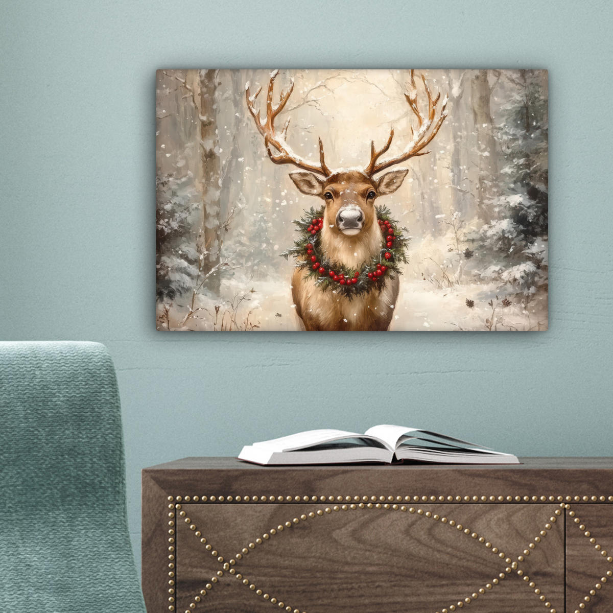 LEINWANDBILD Weihnachten - Rentier - Winter - Kranz Deko Schlafzimmer 30x20 cm - Braun, Textil (30/20cm) - MuchoWow