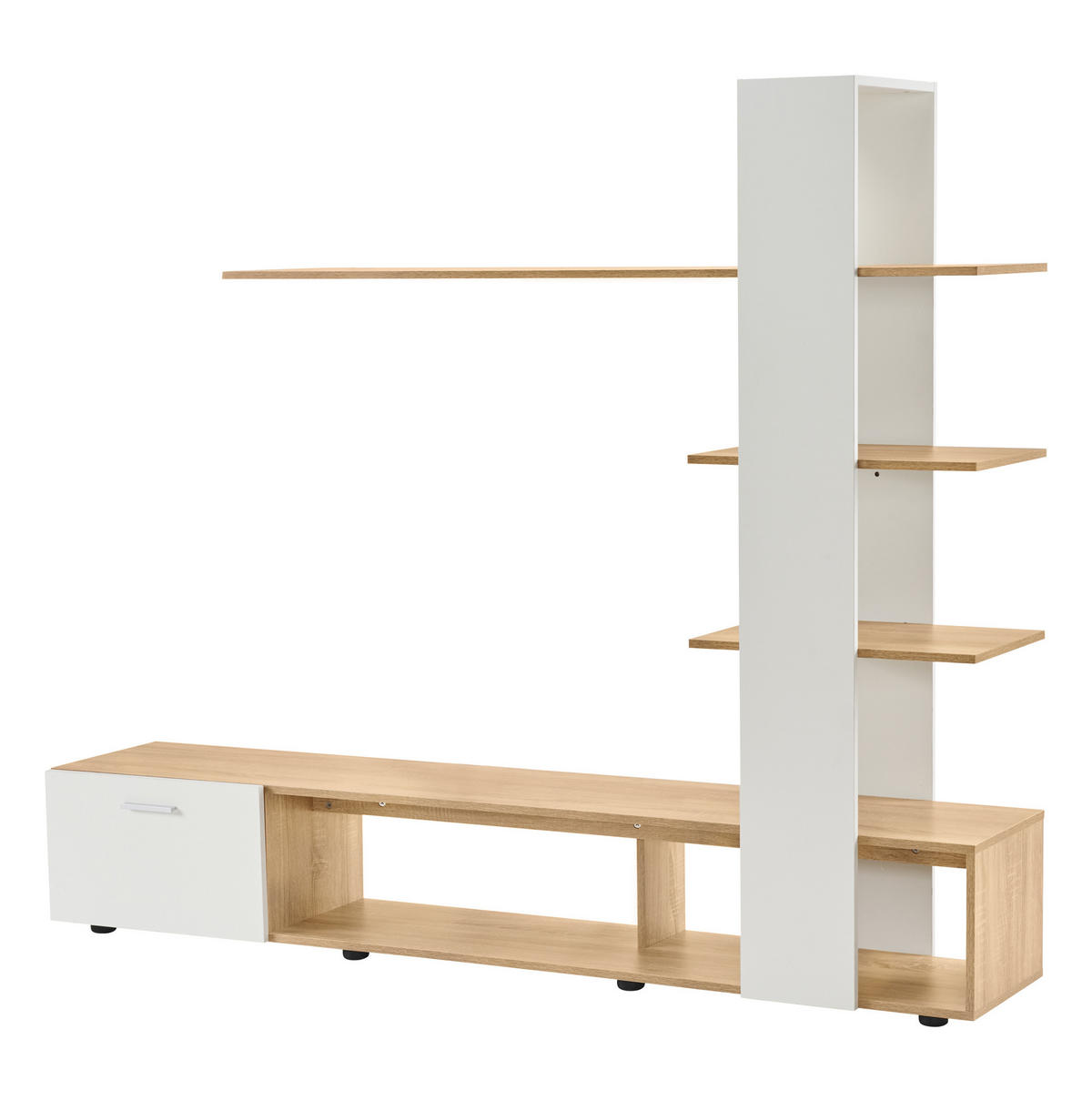 TV-WOHNWAND 180/33,5/151,5 cm aus Spanplatte mit 5 offenen Fächern Weiß/Eichefarben - Weiß, Holzwerkstoff (180/151.5/33.5cm) - Modenvie