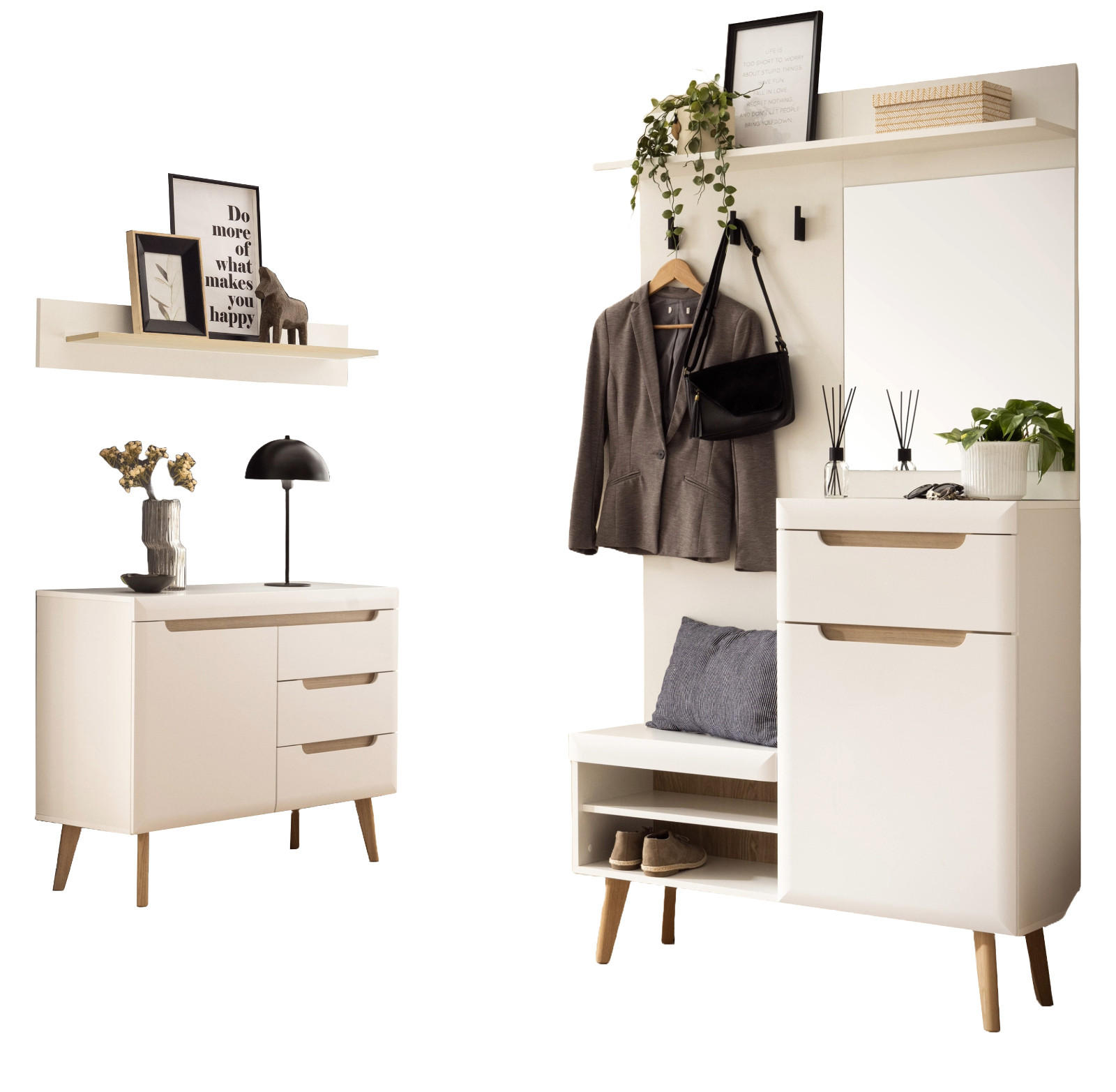 GARDEROBEN-SET 3-teilig weiß matt, Eiche, Kompaktgarderobe skandinavisch 227x197 cm - Eichefarben/Weiß, Glas/Holz (237/200/40cm) - Furn.Design