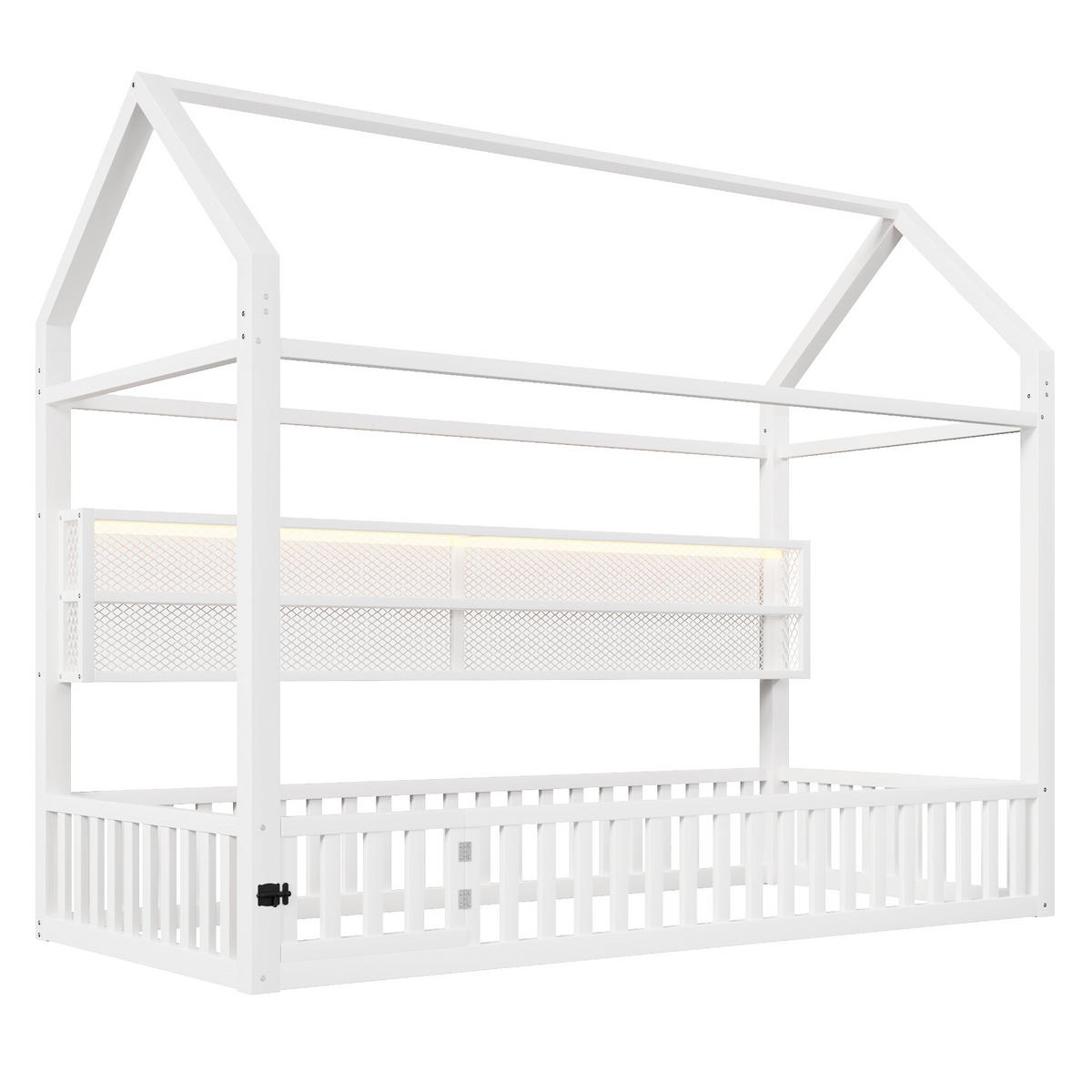 HAUSBETT 90/200 cm weiß aus Metall mit LED-Beleuchtung und Sicherheitszaun - Weiß, Metall (90/200cm) - OKWISH