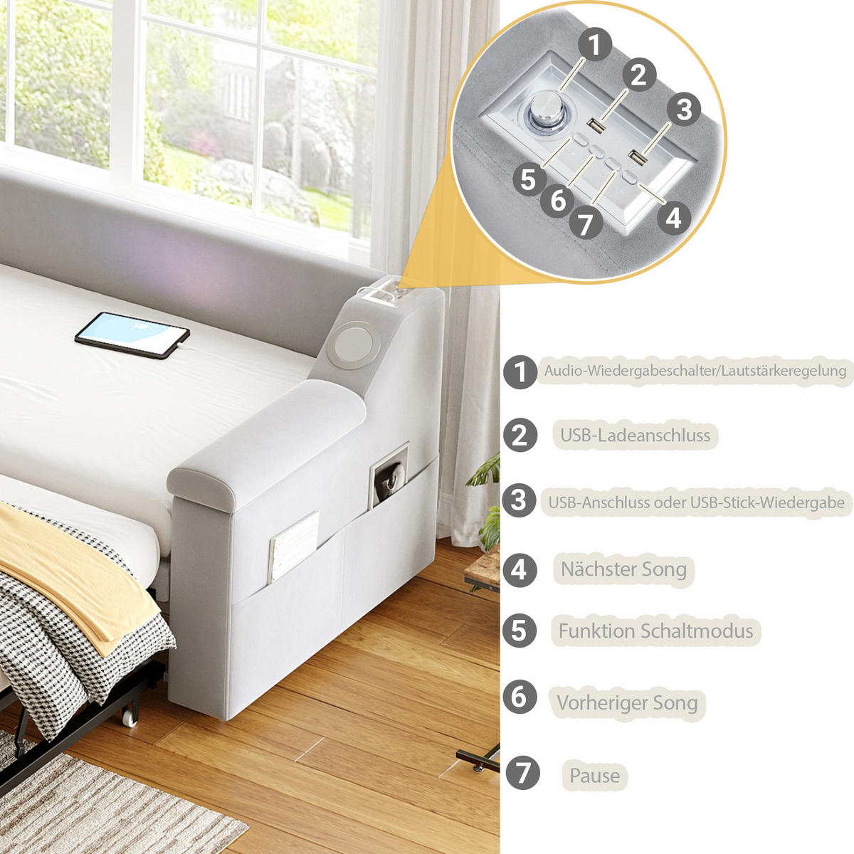 POLSTERBETT 90/180x190 cm Bluetooth USB hellgrau - Grau, Textil (180/190cm) - LEBENLANG