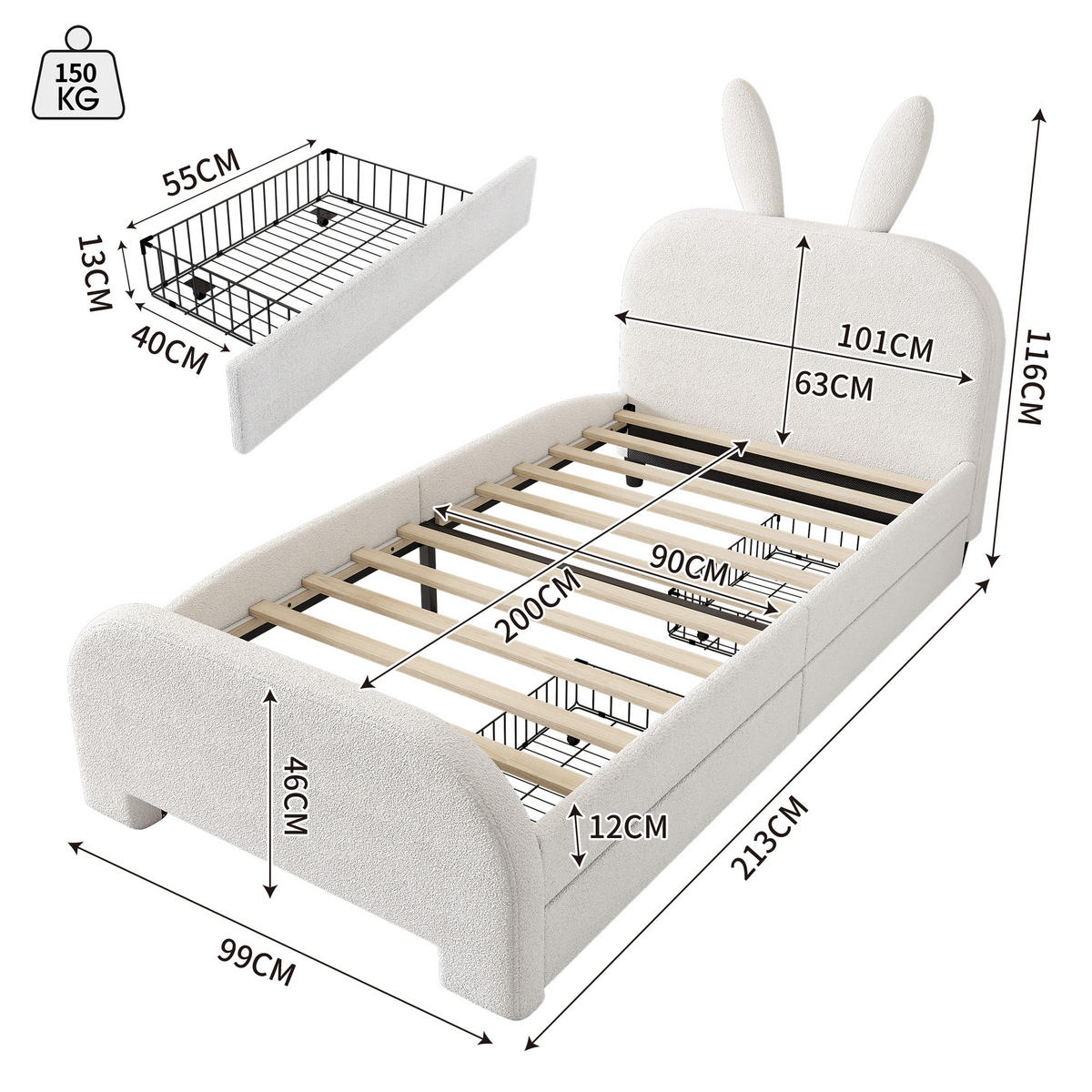 BETT 90/200 cm Cartoon Kaninchenform gepolstert mit zwei Schubladen Weiß - Weiß, Textil (90/200cm) - OKWISH