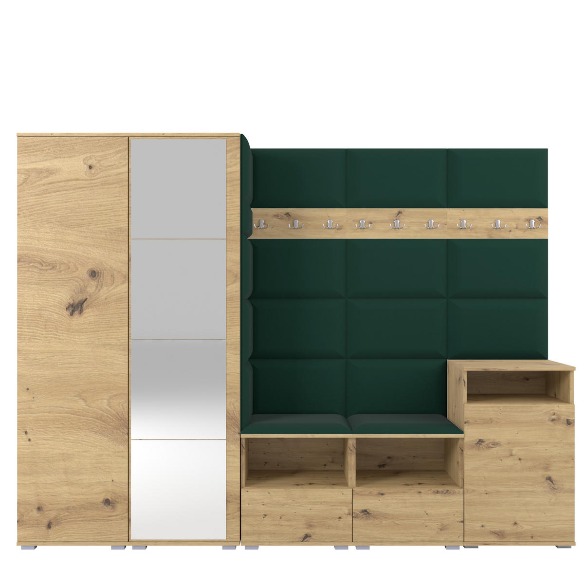 GARDEROBE NELA VIII 250 cm (Modulare Flurmöbel Artisan Eiche mit Spiegel & Sitzpolster Flaschengrün 28 Set XL) - Dunkelgrün/Silberfarben, Holz/Holzwerkstoff (250/187/40cm) - Ravio