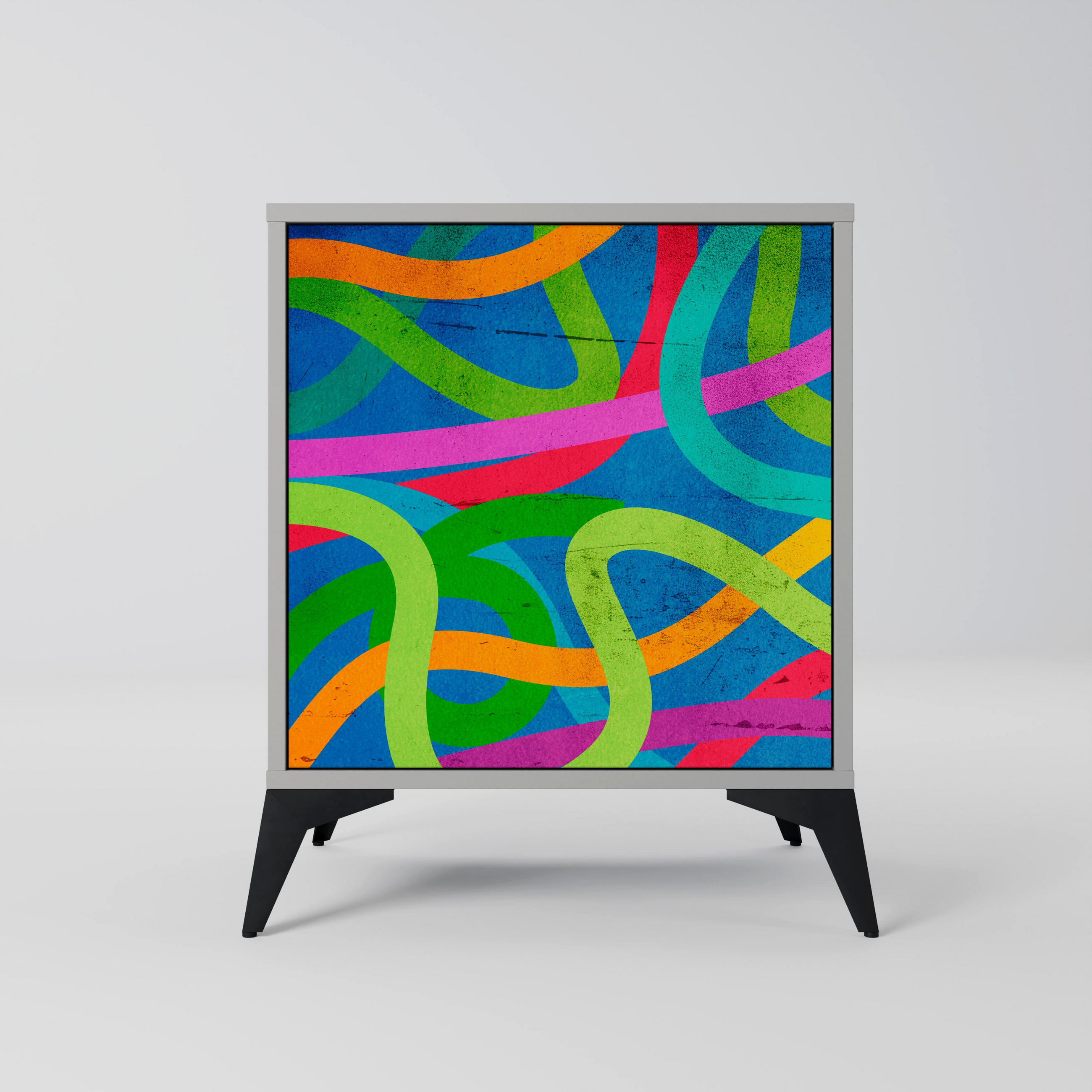 SIDEBOARD STREAMER TANGLE, Grau, 57,5x42x70,5 cm, Schwarze Metall-Sternfüße - Multicolor/Schwarz, Holzwerkstoff/Metall (57.5/70.5/42cm) - SpaceRebels