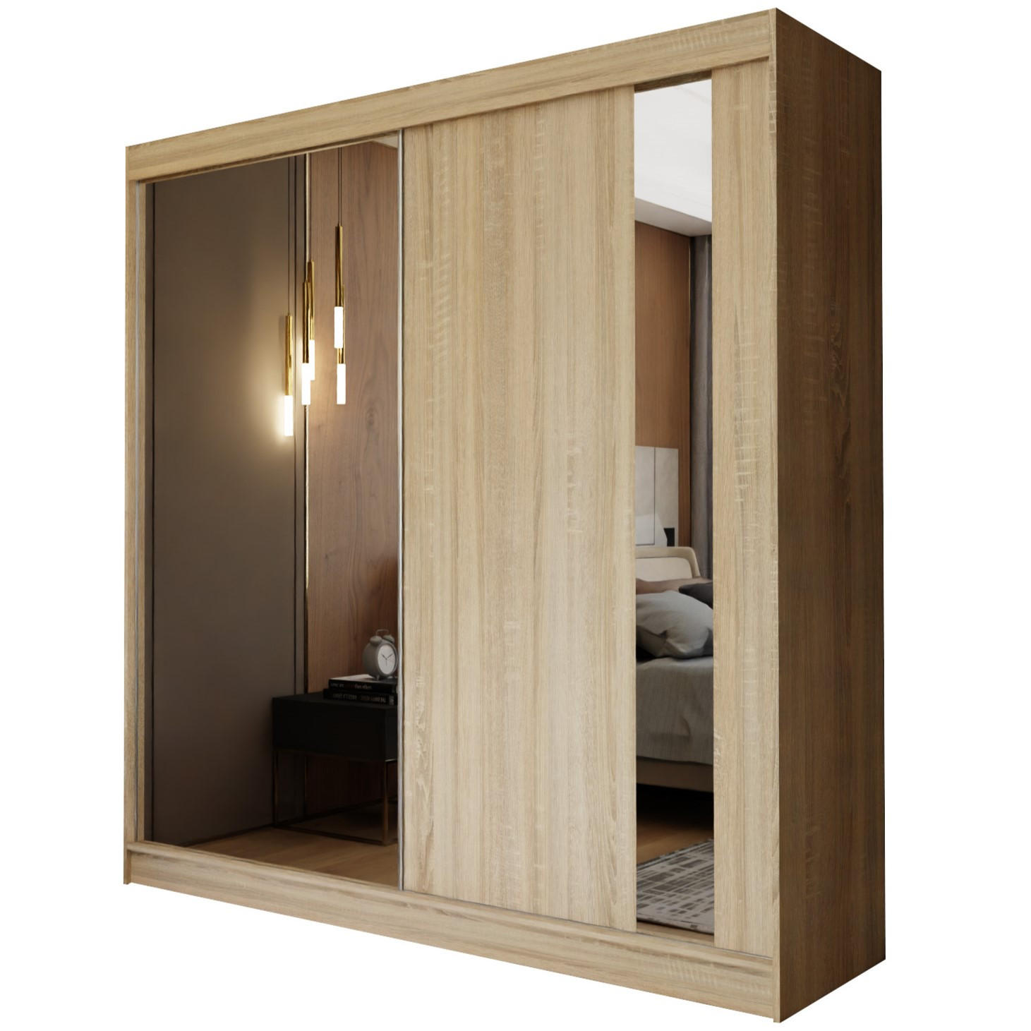 SCHWEBETÜRENSCHRANK GRAZIA 200/216/61 cm 2-türig mit Spiegel Sonoma Eiche - Sonoma Eiche, Holzwerkstoff (200/216/61cm) - MASSENO