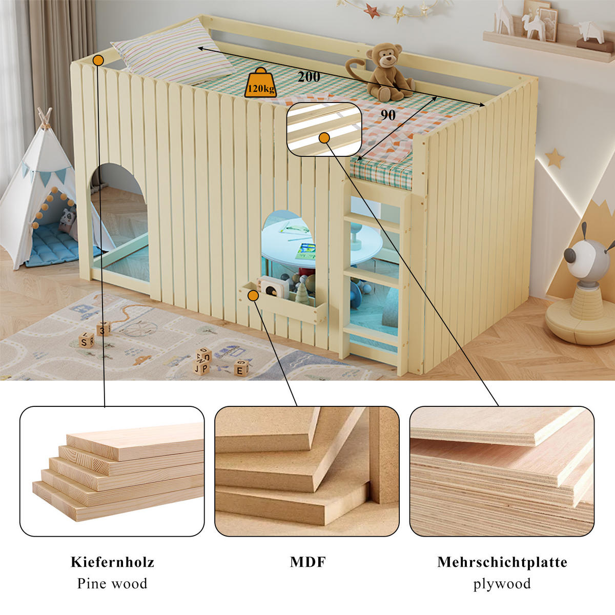 HOCHBETT 90/200 cm in Natur aus Kiefer und MDF mit LED, Leiter und Stauraum - Naturfarben, Holz/Holzwerkstoff (90/200cm) - WISHDOR