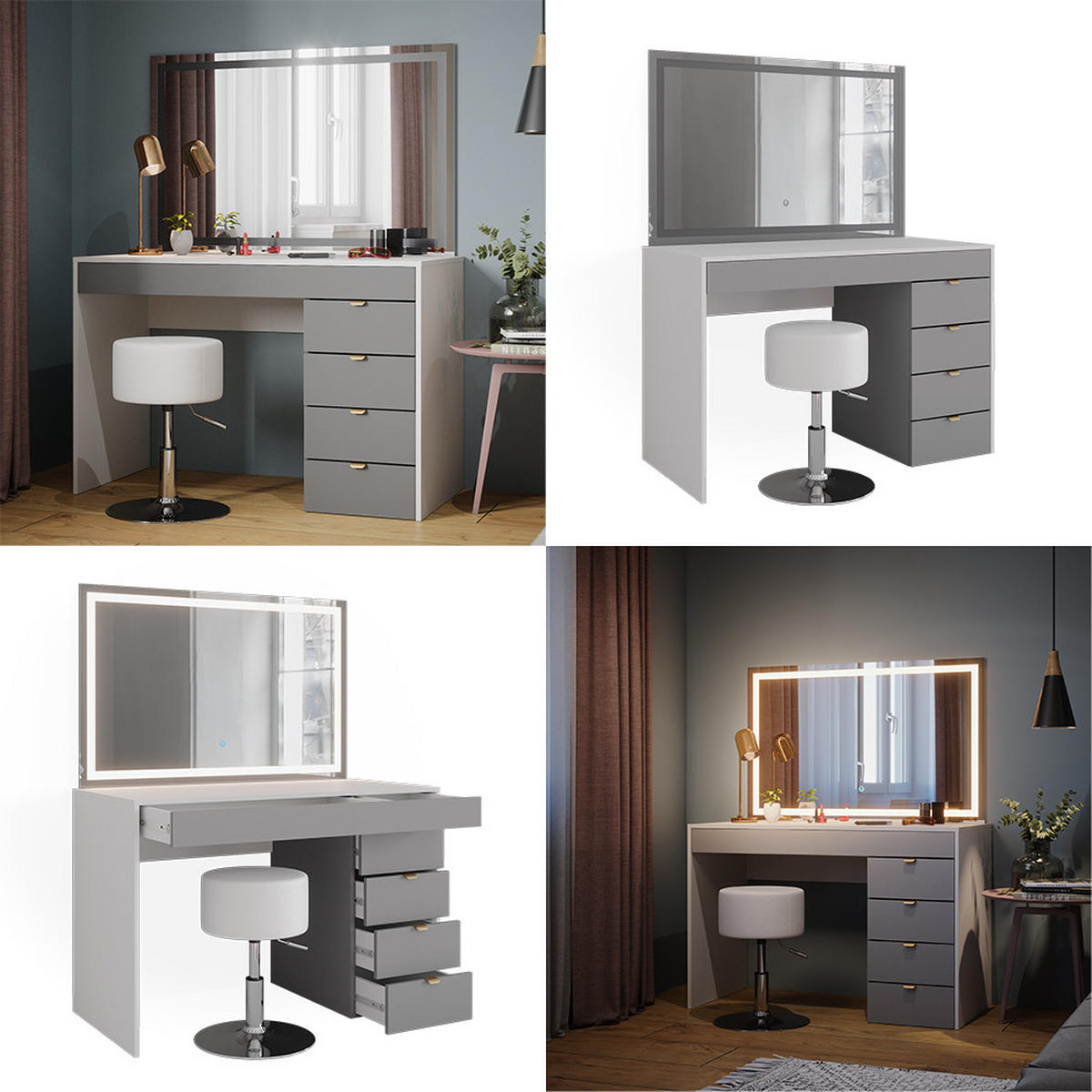 SCHMINKTISCH Elise Weiß/Grau/Grau 115 cm mit LED-Spiegel & Hocker - Weiß/Grau, Holzwerkstoff (115/76/55cm) - Vicco