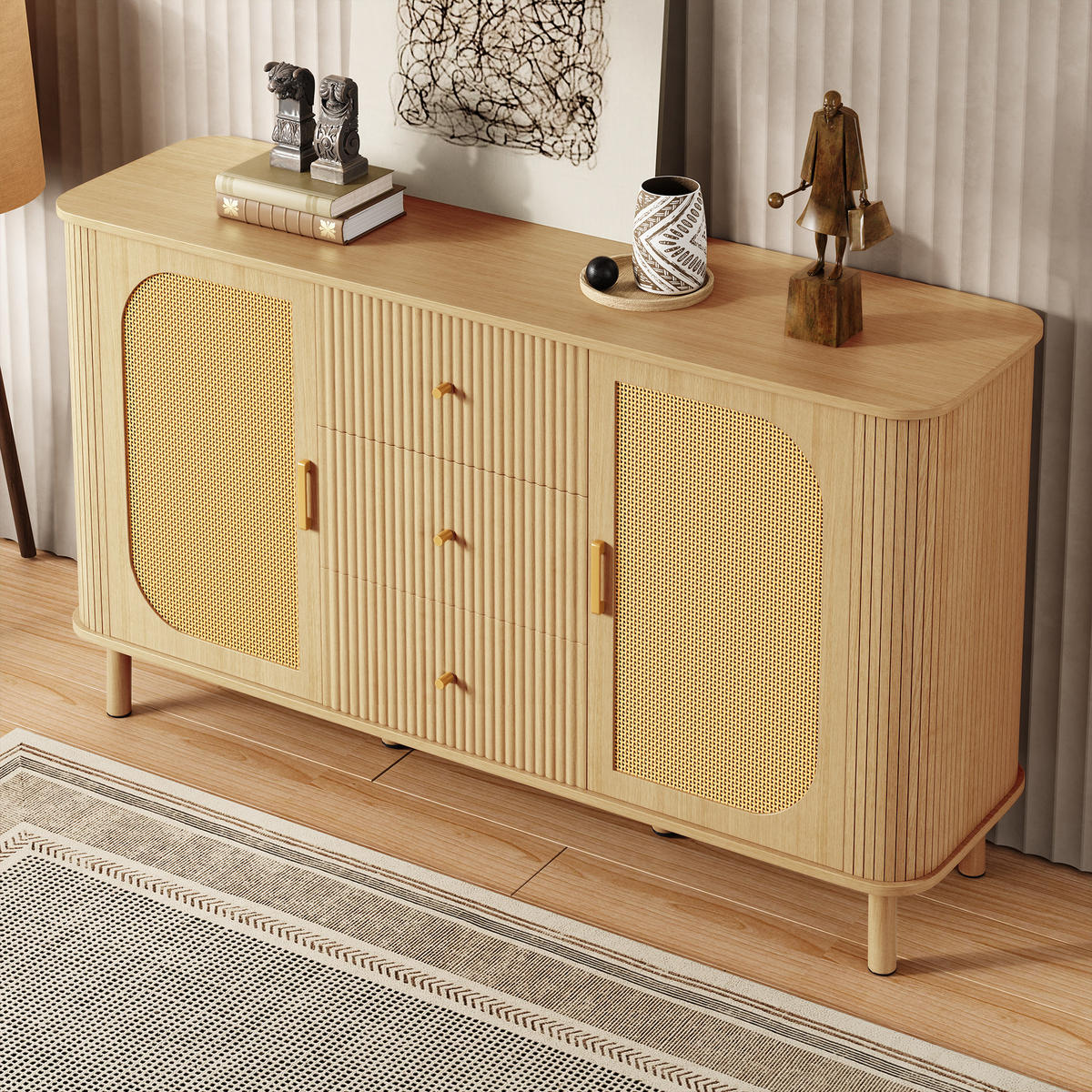 SIDEBOARD in Natur mit Rattan-Türen und gewellten Schubladen, MDF, Metallbeine mit Holzmaserung, 140/40/80 cm,Naturfarben - Naturfarben, Holzwerkstoff (140/80/40cm) - Redom