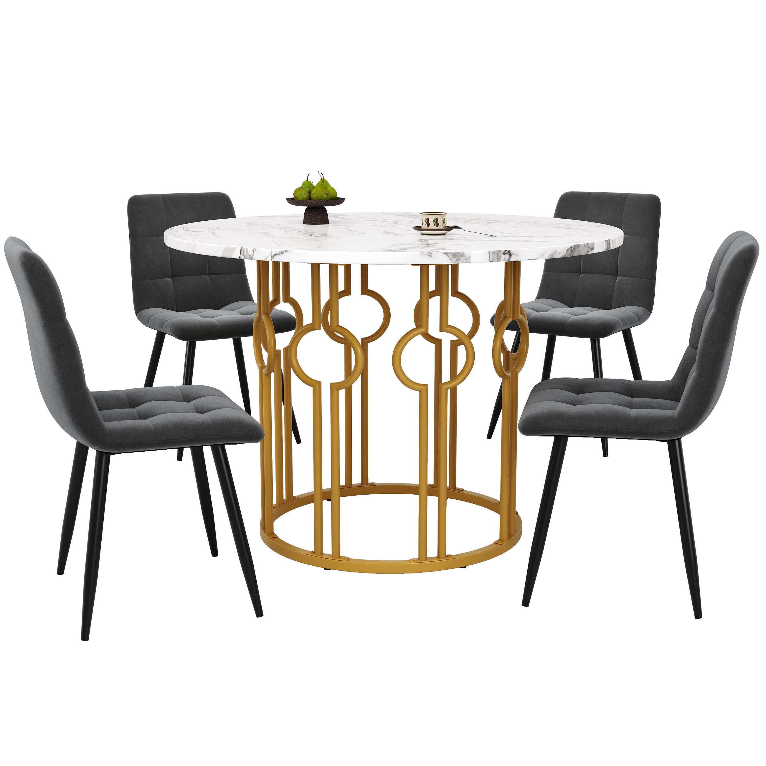 ESSTISCHSET 5-Teilig Rund 100 Cm, Weiße MDF, 4 Dunkelgraue Samtstühle, Gold - Multicolor, Holzwerkstoff (100/76/100cm) - FLIEKS