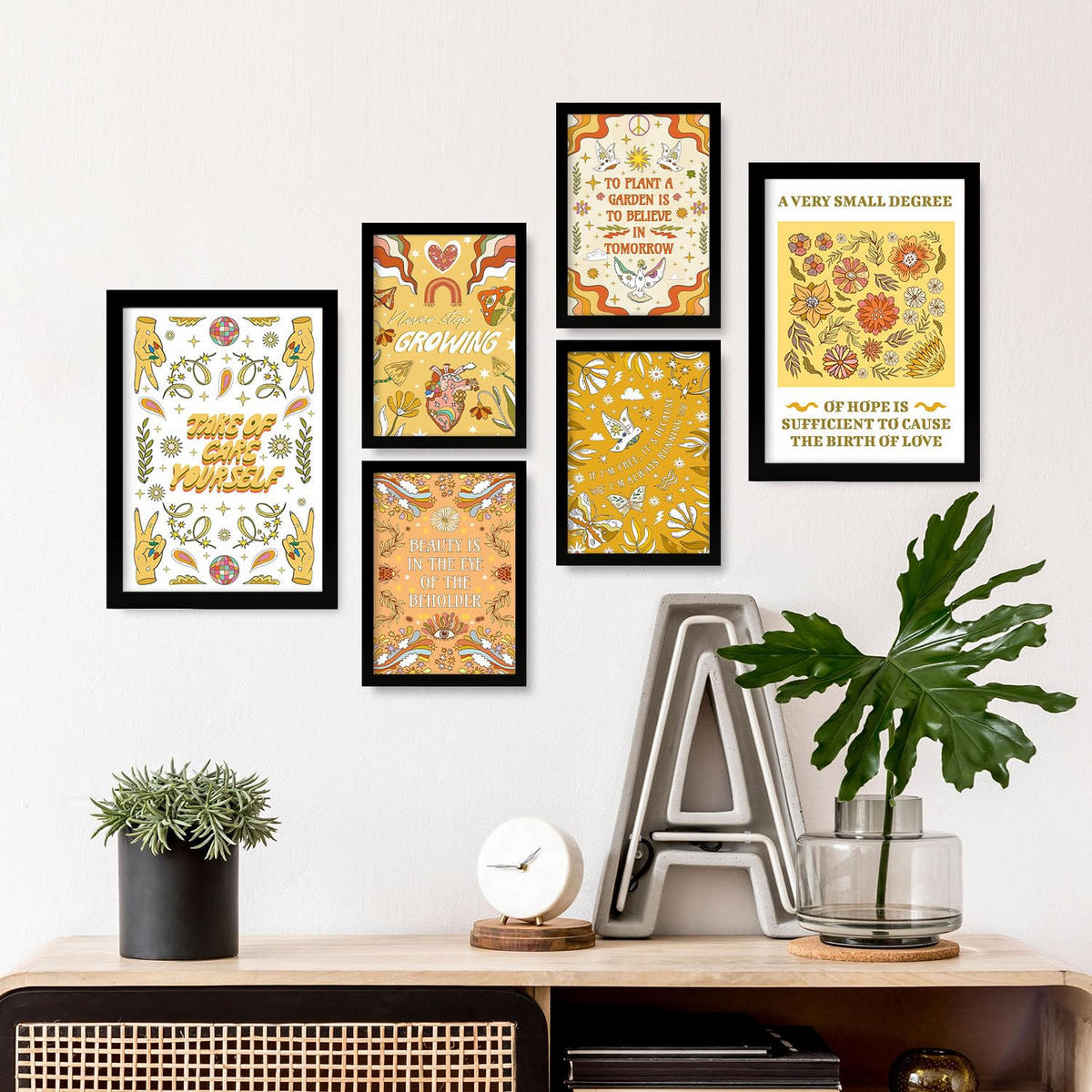 POSTER Set Mit 6 Drucken Der Selbstversorgung In Der Brillanten Groovy Dekorative Rahmen Für Ihr Zuhause Wandkunstdruck A3 & A4 Schwarzer Rahmen - Schwarz, Papier (29/3cm) - Nacnic