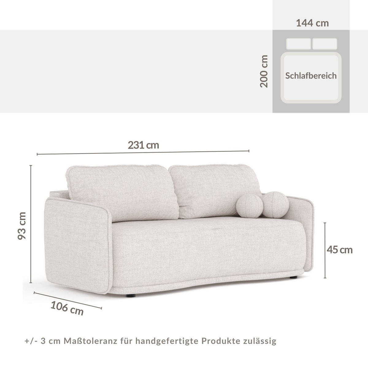 SCHLAFSOFA Mitsis Beige Webstoff - Beige/Schwarz, Holz/Holzwerkstoff (231/93/106cm) - Maison de Reve