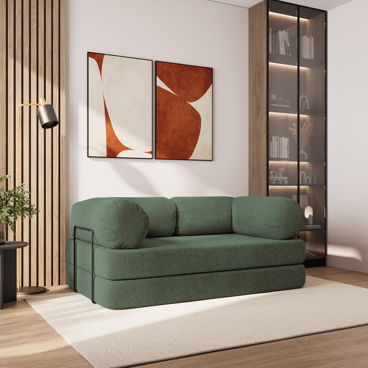 BETTSOFA EIREN aus Schaumstoff Bucle-Stoff Grün Schlaffunktion - Grün, Textil (170/68/80cm) - MASSENO