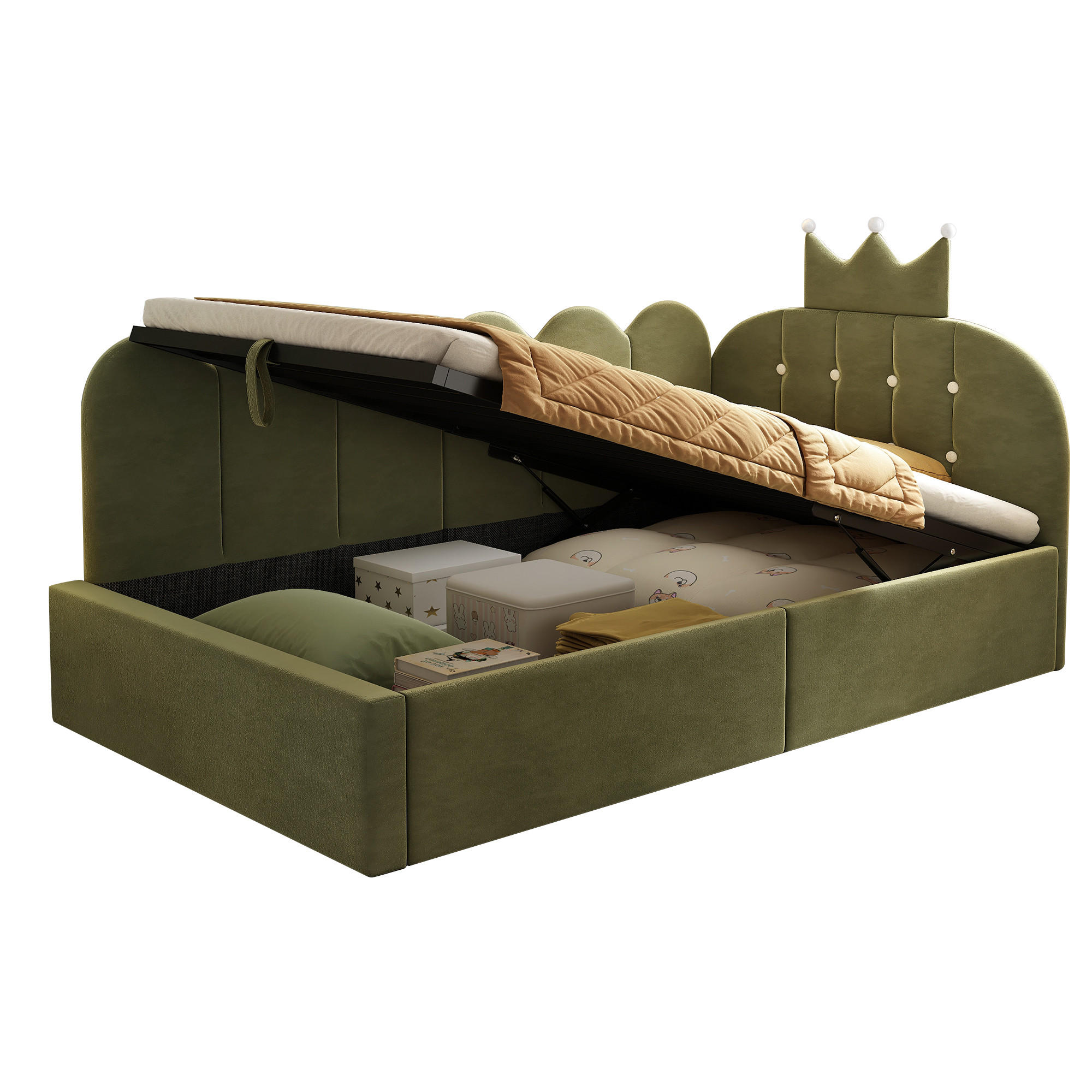 POLSTERBETT 90/200 cm mit hydraulischem Stauraum und Kronen-Gitter-Design, Grün - Grün, Holz (90/200cm) - Redom