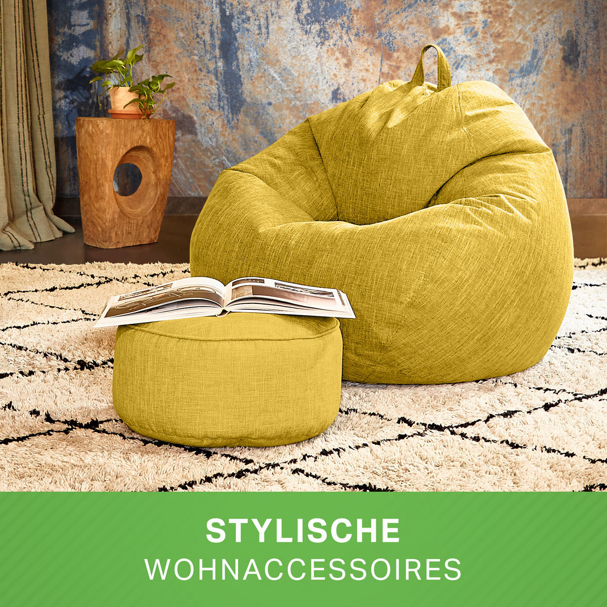 SITZSACK Indoor Set "Home Linen“+Hocker - Gelb, Textil (80/90/50cm) - Green Bean