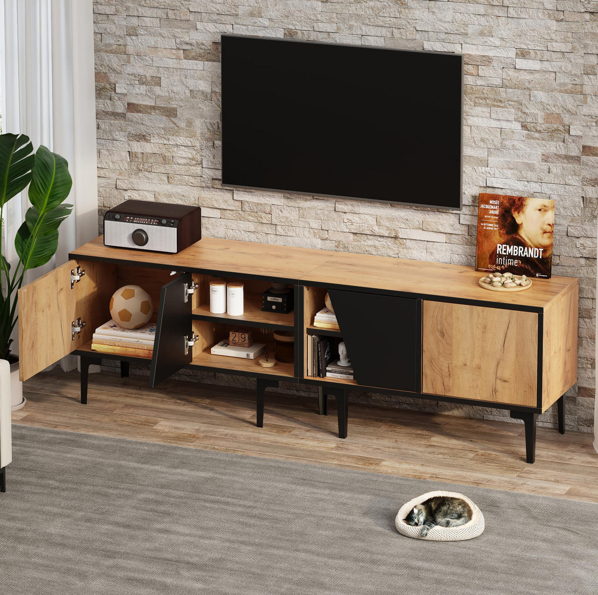 TV ormarić 160/36,5/45 cm s 4 pretinca i 7 potpornih nogu, prirodna boja drva i crna - svijetlo smeđa, drvni materijal (160/45/36.5cm) - Redom
