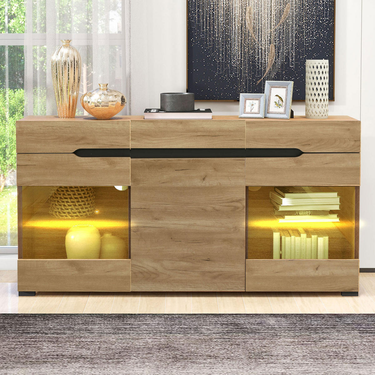 SIDEBOARD 140/35/80 cm aus Spanplatte mit LED-Beleuchtung Eichefarben - Naturfarben, Holzwerkstoff (140/80/35cm) - Modenvie