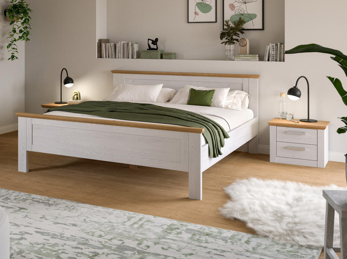 SCHLAFZIMMER weiß Lärche, Eiche Artisan Landhaus Set mit Bett 180 x 200 cm, 2x Nachttisch - Eichefarben/Silberfarben, Holzwerkstoff/Kunststoff (180/200cm) - Inn.Furn