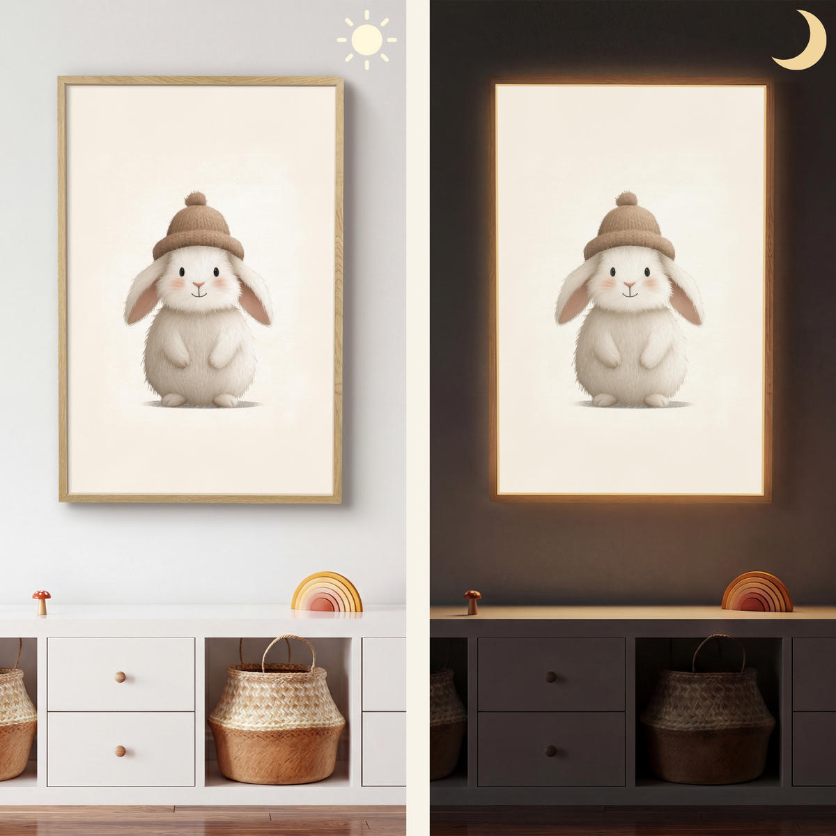 NÁSTĚNNÁ LAMPA S AKUMULÁTOREM Králík - Klobouk - Uši - béžový 60x90 cm - krémová, kompozitní dřevo (60/90/8cm) - OnlyWow