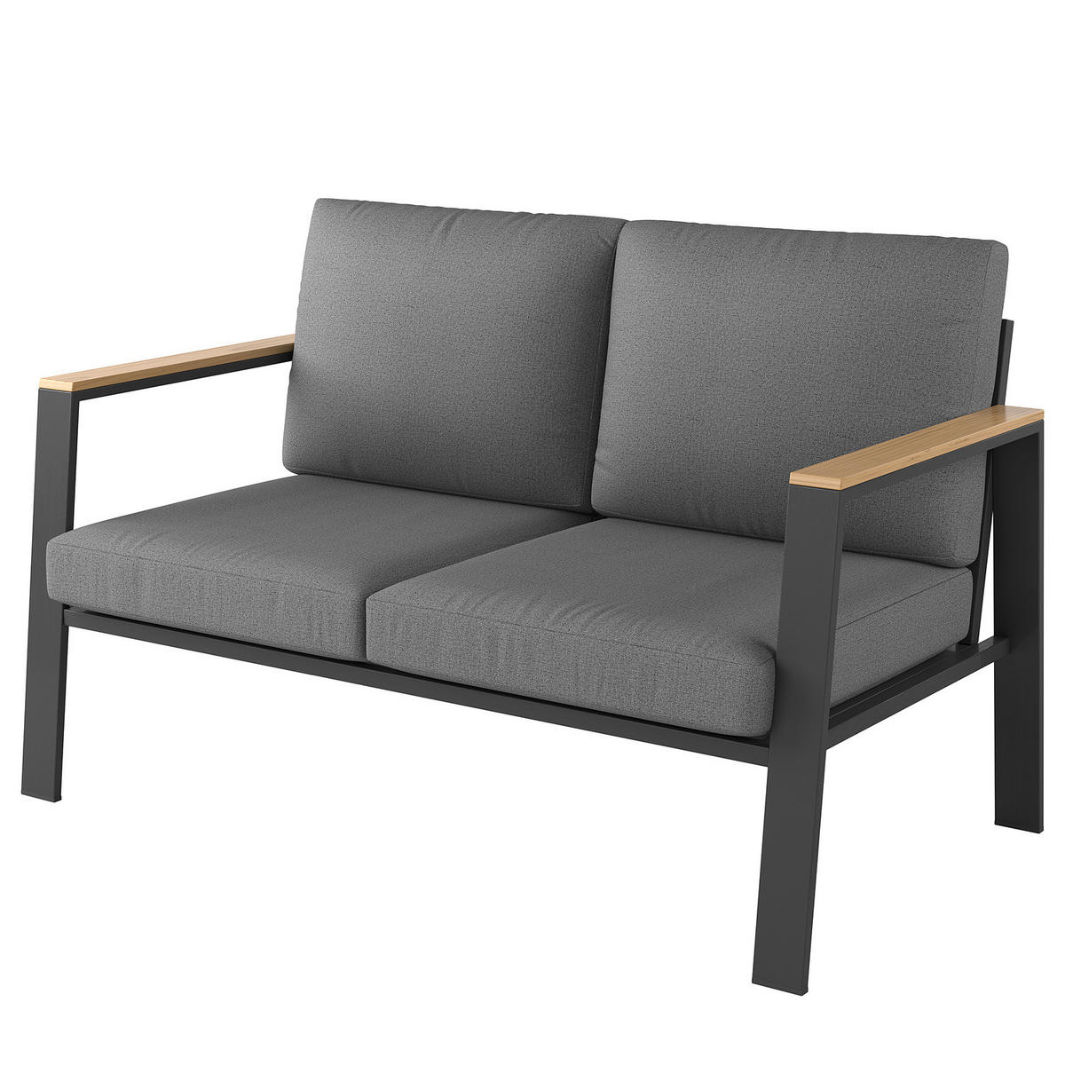 2-SITZER LOUNGESOFA - Aluminium / Polyester - Anthrazit - Anthrazit/Braun, Holz/Textil (132/74/75cm) - home24