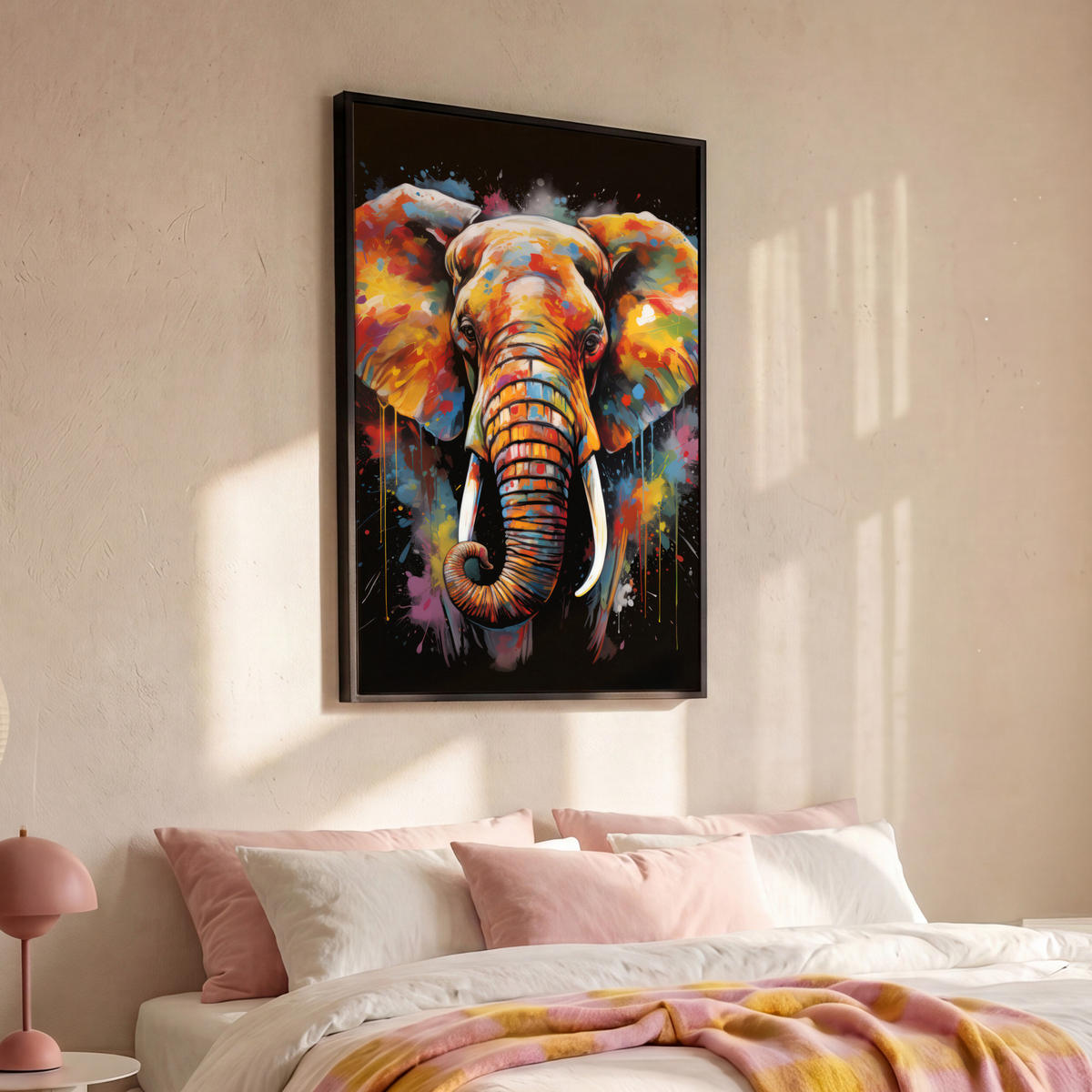 LEINWAND Bilder mit Rahmen - Elefant - Graffiti - Schwarz - Tiere - Farben - 100x150 - Schwarz, Textil (100/150cm) - MuchoWow