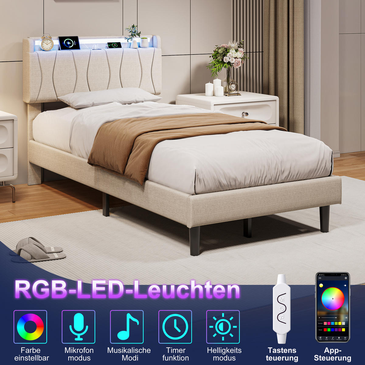 JEDNODUCHÁ POSTEĽ 90x200 cm s LED, USB-C, ľanovým poťahom a lamelovým roštom - béžová, drevo (90/200cm) - SHOPENTRA
