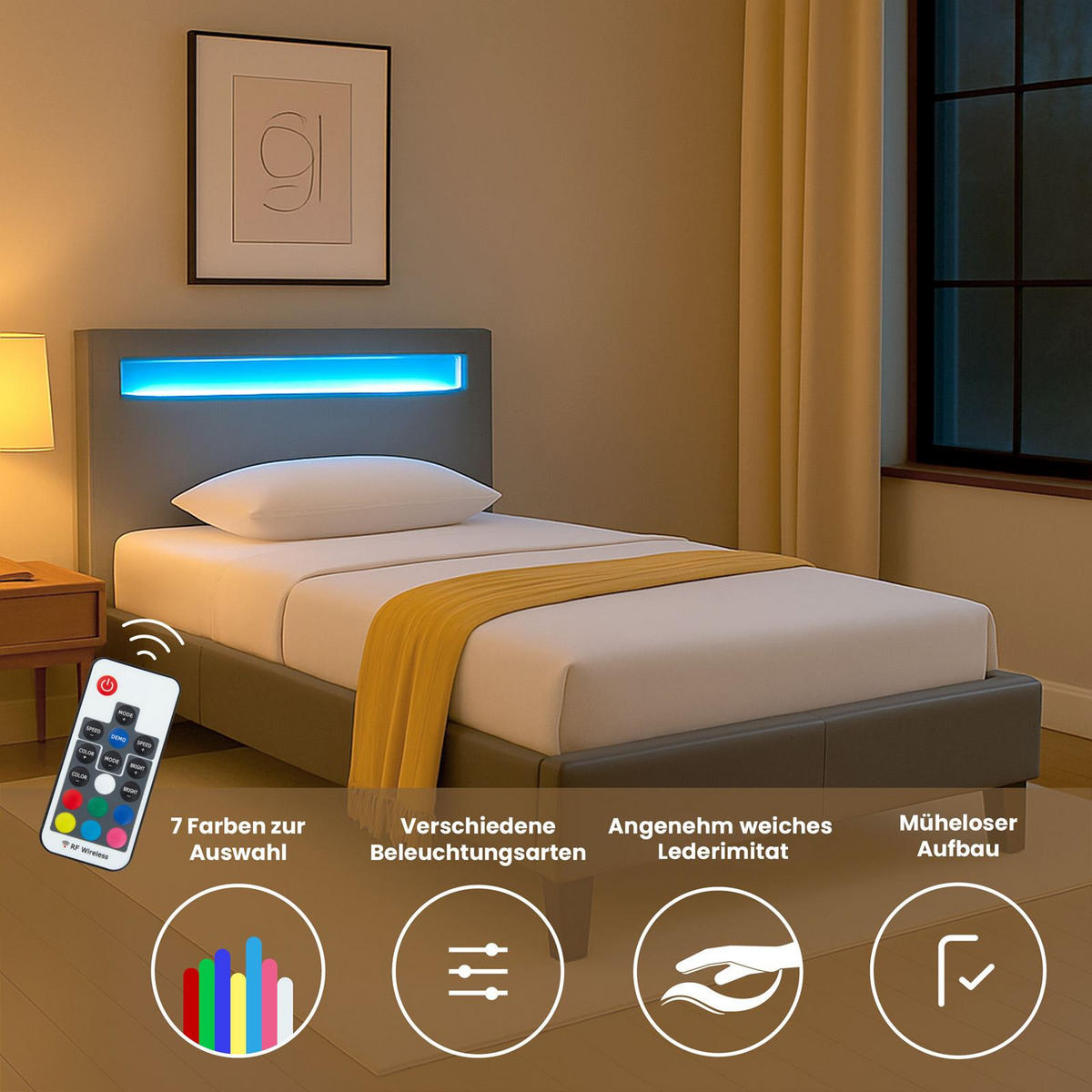 POLSTERBETT MIT LED MANDALAY 90X200 CM - Grau, Textil (90/200cm) - CARO-Möbel