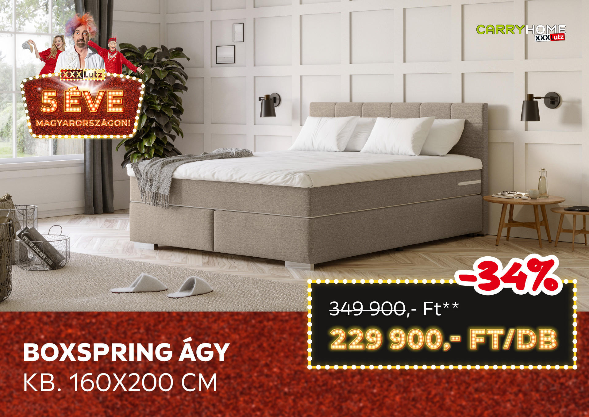BOXSPRINGÁGY Kb. 160x200 cm Kiemelt termék 349900 Ft.- helyett 229900 Ft.-