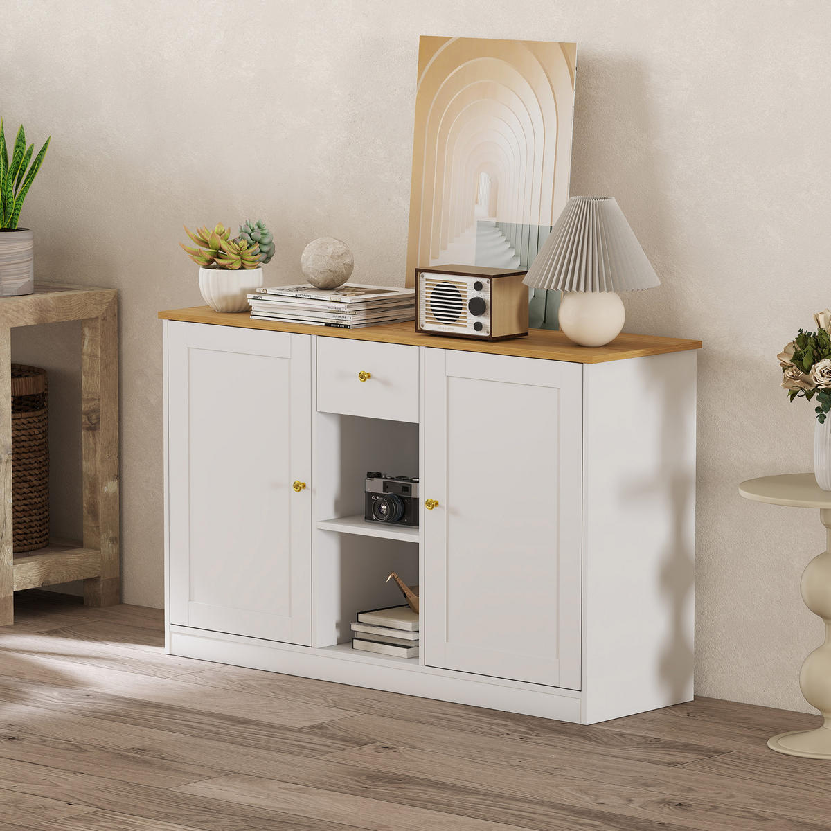 SIDEBOARD Aufbewahrungsschrank mit Schublade, 2 Türen, 2 Offenen Ablagen Weiß - Weiß, Holzwerkstoff (35/75.2/120cm) - HOMCOM