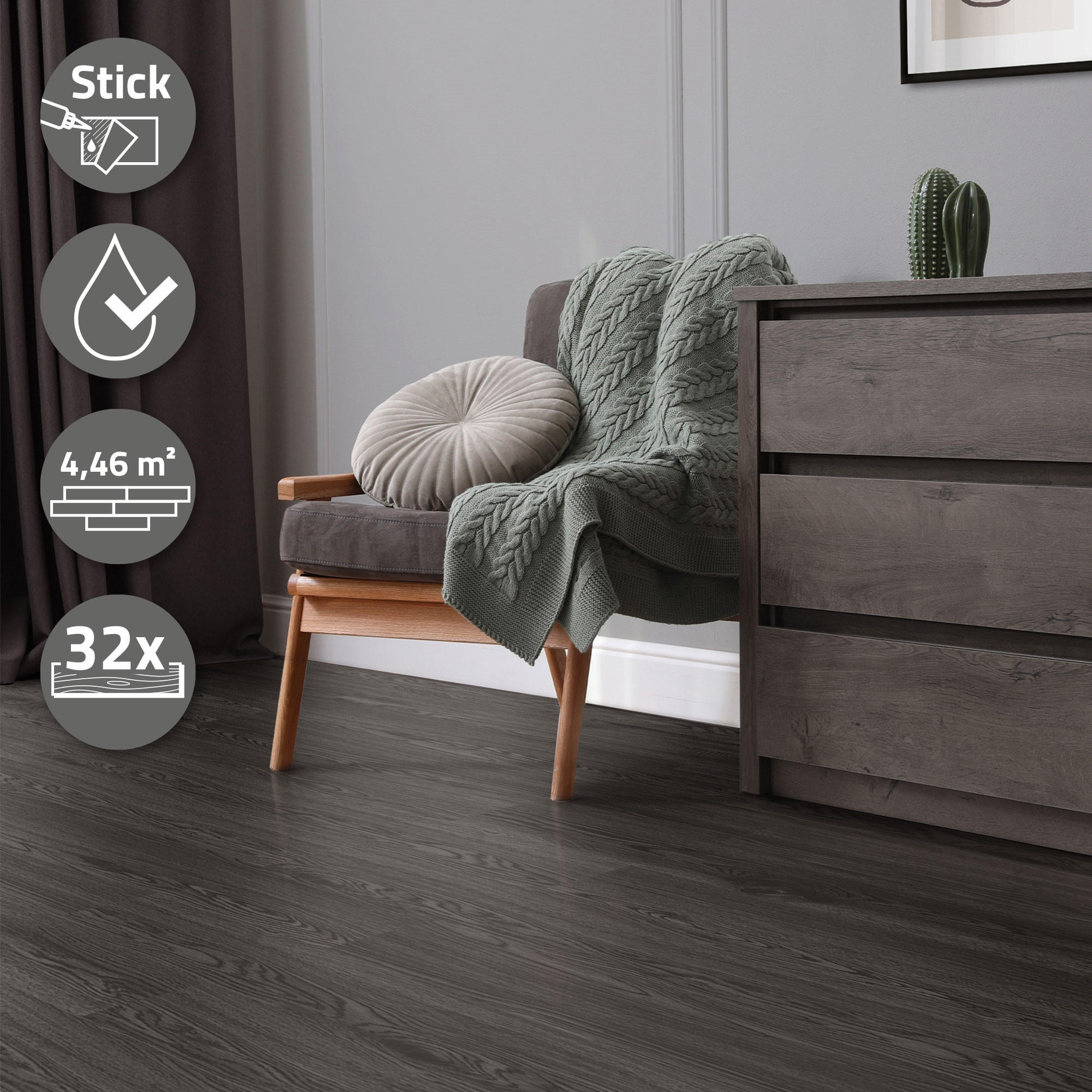 VINYLBODEN selbstklebend 4,46m²/32 Dielen Eiche dunkelgrau - Dunkelgrau, Kunststoff (91.5/15.3/91.5cm) - ML-DESIGN