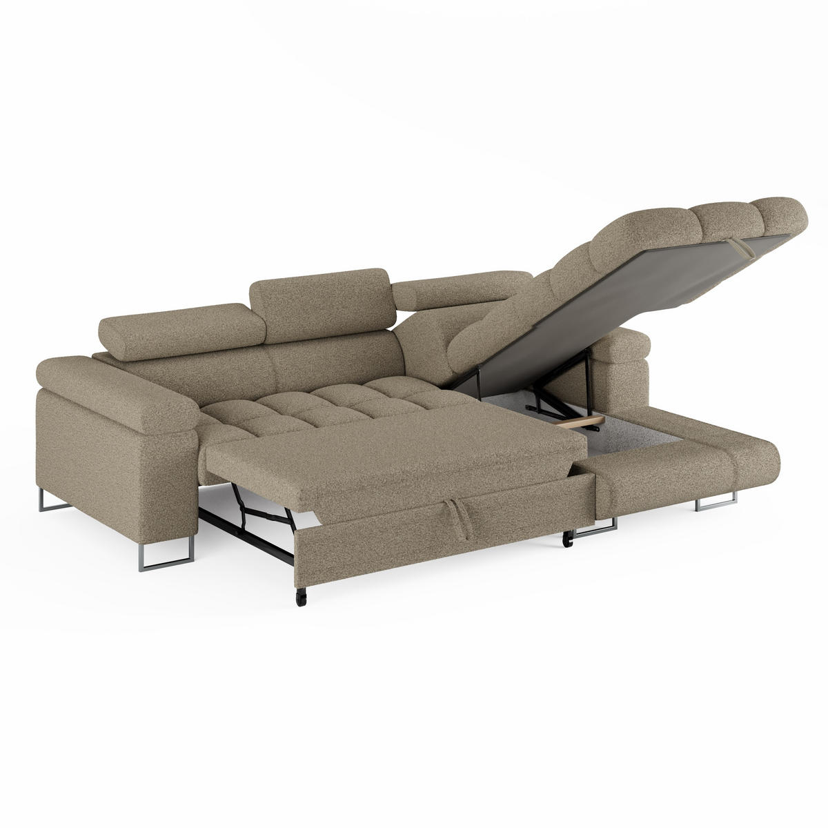 ECKSOFA CLOUD Rechts Dunkelbraun L-Form Bouclé-Stoff mit Schlaffunktion und Bettkasten - Chromfarben/Dunkelbraun, Holz/Metall (175/235cm) - Barchello