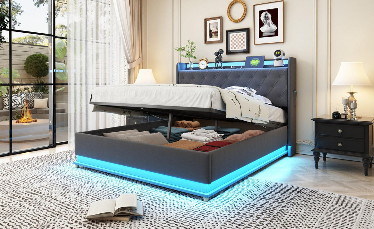 POLSTERBETT 140/200 cm Grau aus Stoff mit LED-Beleuchtung und Bettkasten - Grau, Textil (140/200cm) - OKMYHOME