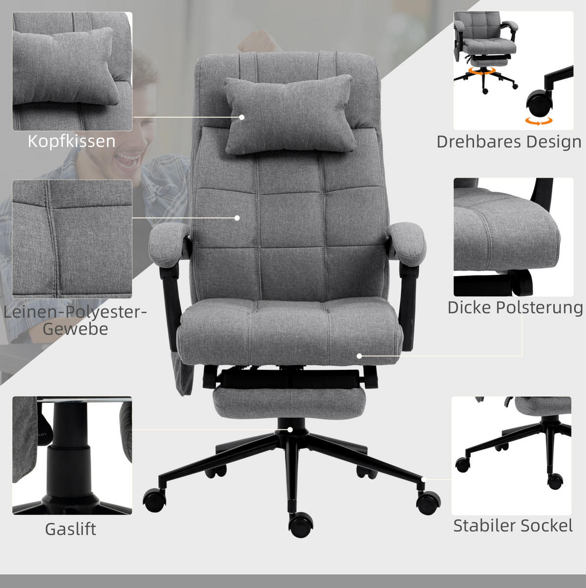 BÜROSTUHL in Grau 76x66x120 cm mit Massage, Lendenheizung und Fußstütze - Grau, Metall (66/120/76cm) - IVMEU