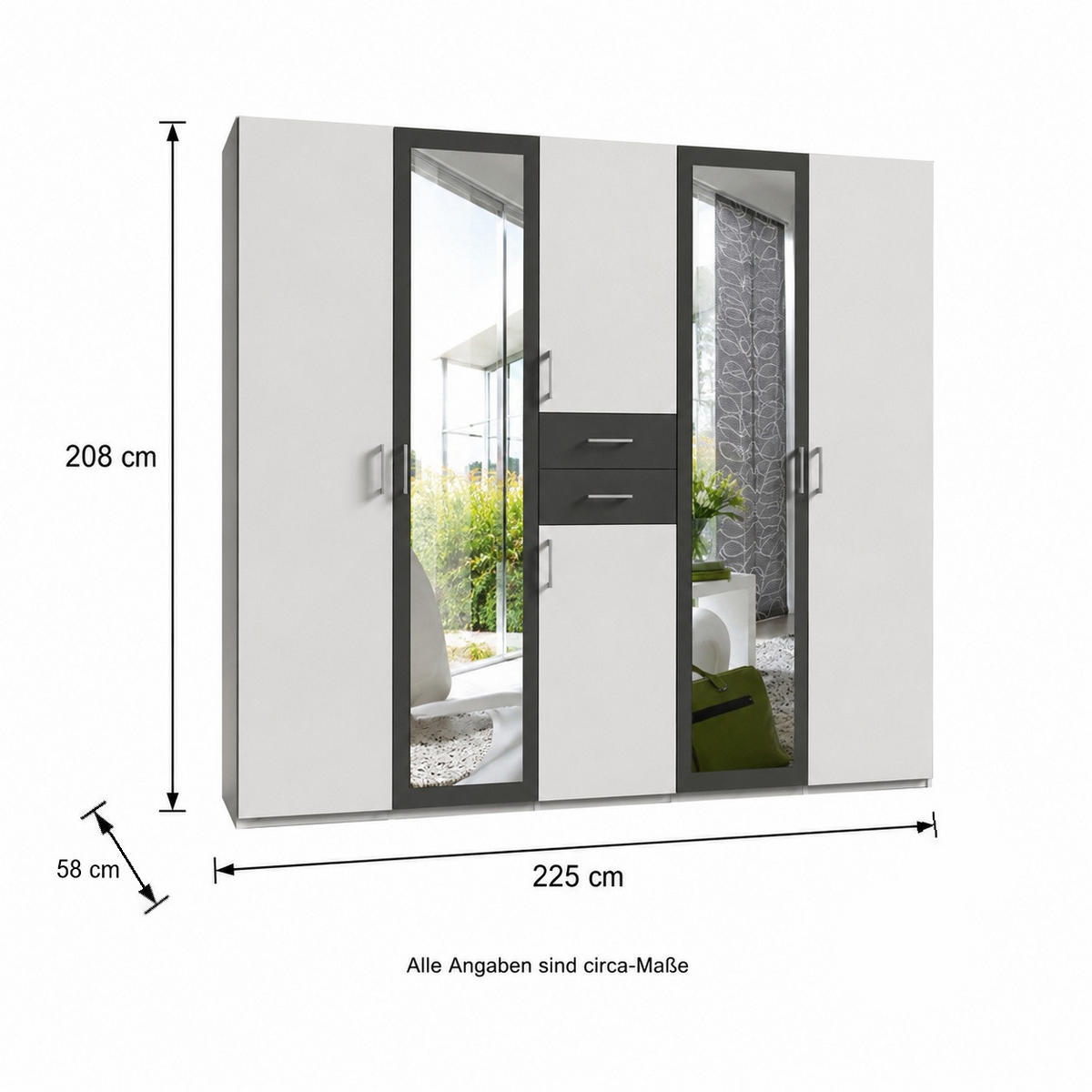 DREHTÜRENSCHRANK Kleiderschrank B225/H208/T58 cm mit Schubkästen & 2 Spiegeltüren, Weiß mit Absetzungen in Grafit / 22590 - Silberfarben/Graphitfarben, Holzwerkstoff/Kunststoff (225/208/58cm) - luma-home