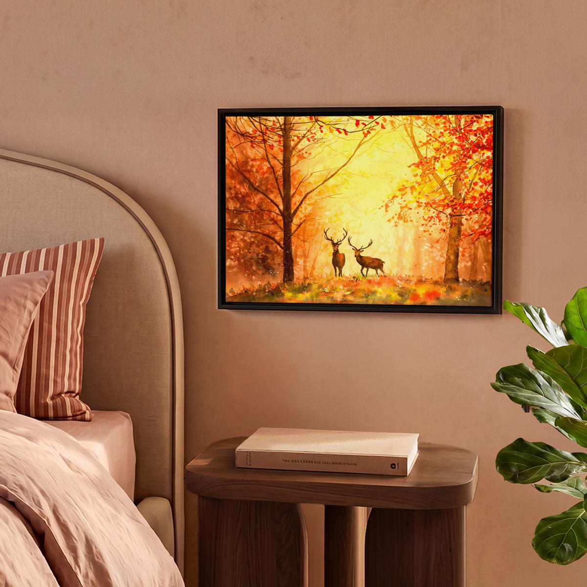 LEINWAND Bilder mit Rahmen - Natur - Ölfarbe - Hirsche - Tiere - Herbst - Orange - 40x30 - Orange, Textil (40/30cm) - MuchoWow