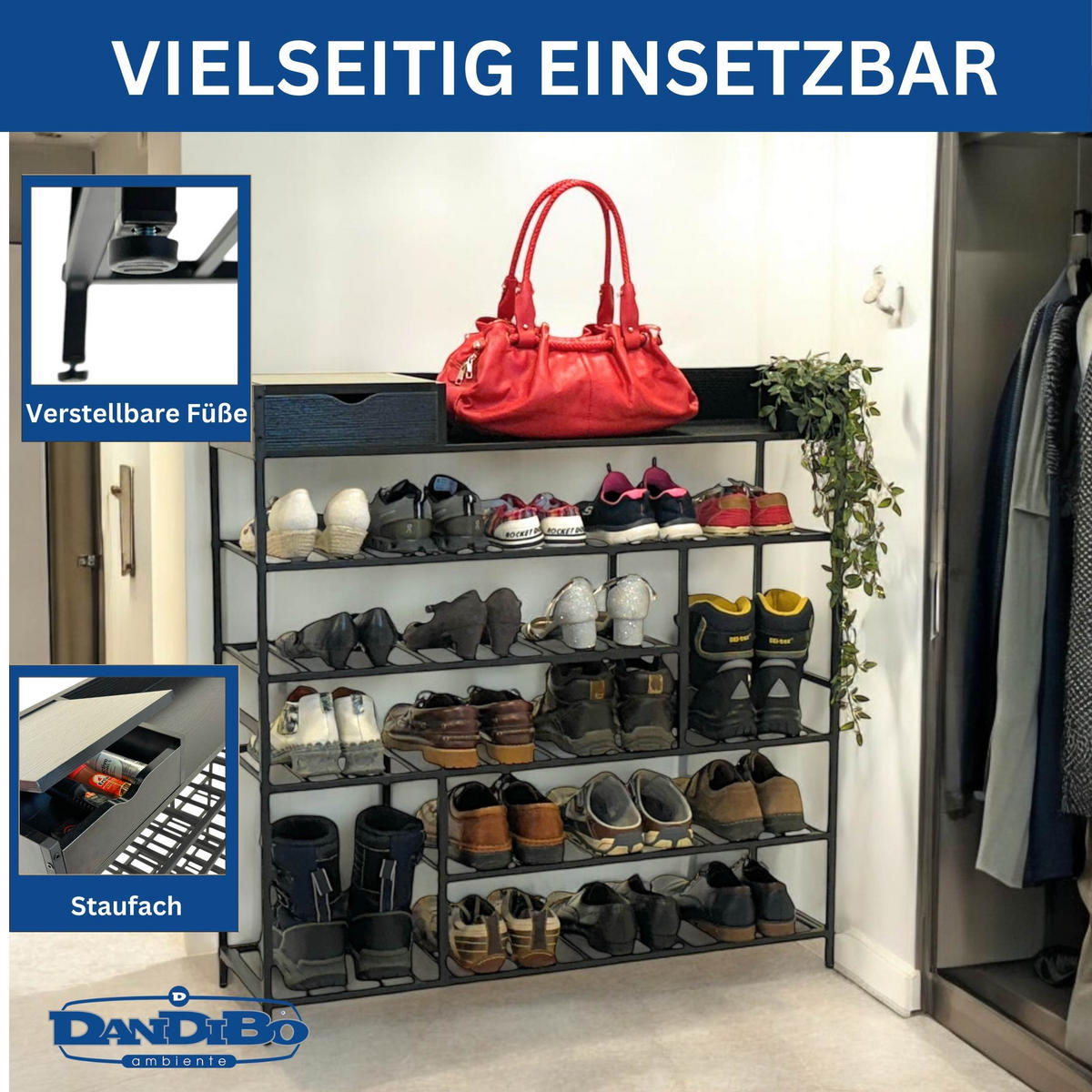 SCHUHREGAL 6 Etagen Metall Schwarz 100/29/100 cm - Schwarz, Metall (100/100/30cm) - DanDiBo