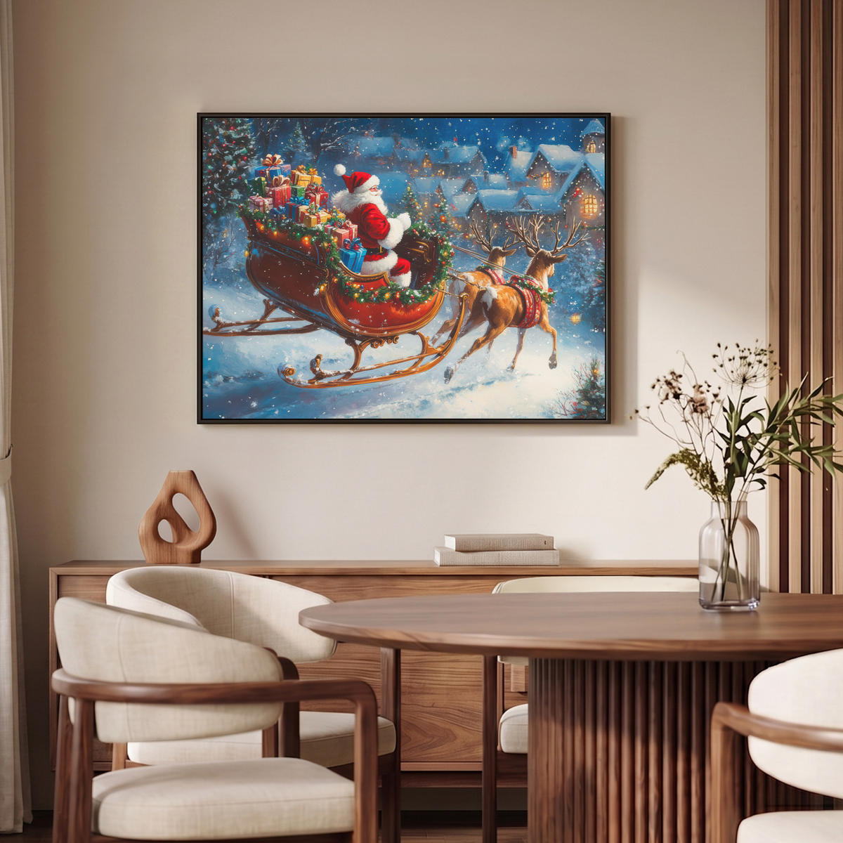 LEINWAND Bilder mit Rahmen - Weihnachtsmann - Rentier - Weihnachten - Schnee - 100x70 - Cognac, Textil (100/70cm) - MuchoWow
