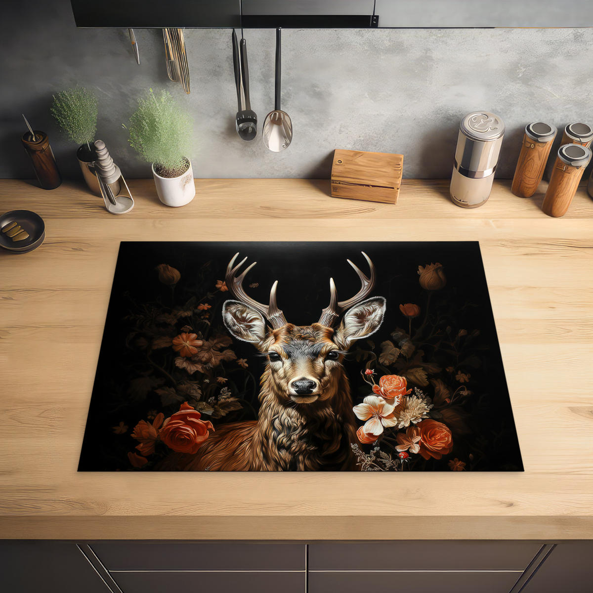 HERABDECKPLATTE - Hirsch - Tier - Blumen - Natur - Botanisch - 70x55 - Kupferfarben, Kunststoff (70/55/0.2cm) - MuchoWow