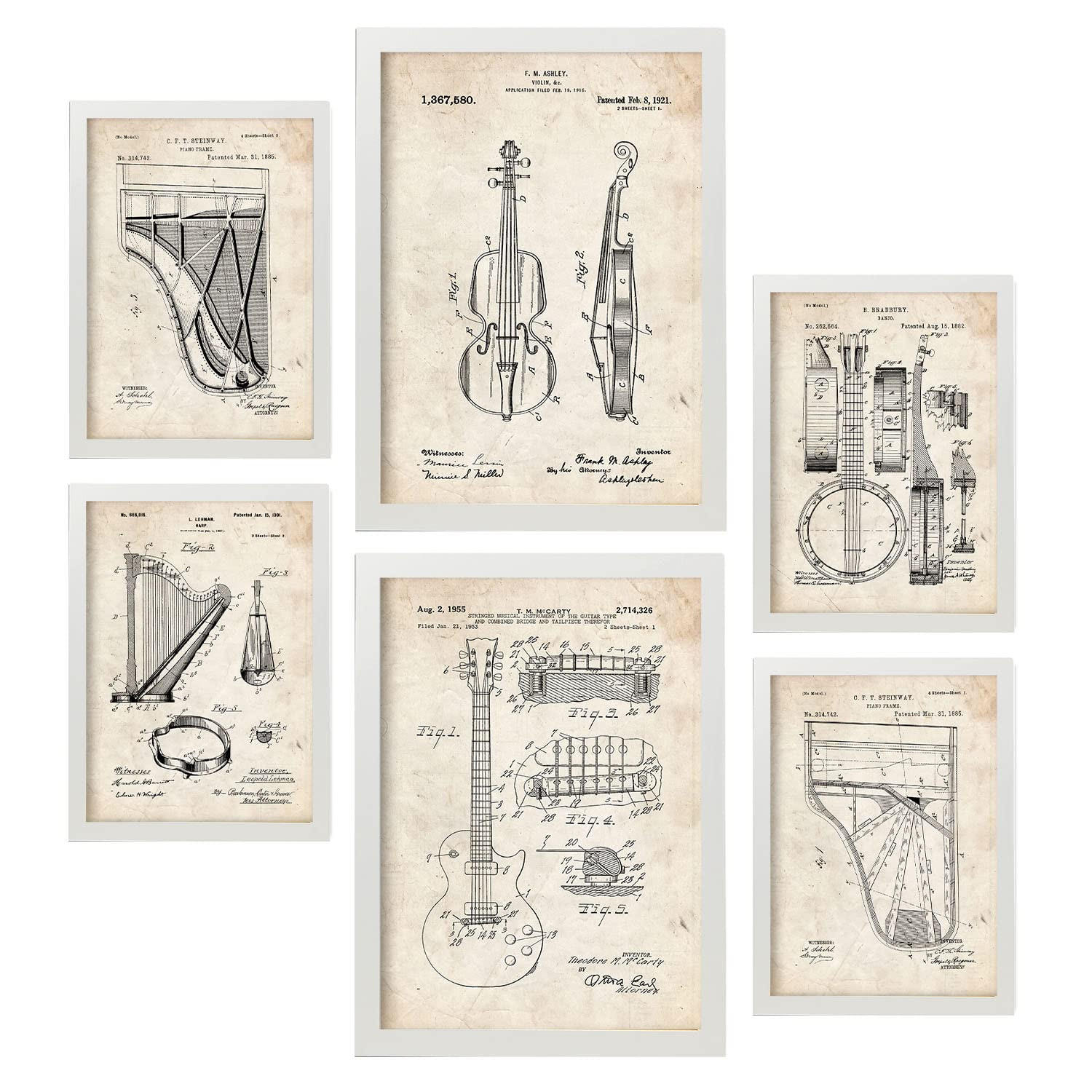 POSTER Set Mit 6 Plakaten Mit Saiteninstrument Patenten Im Vintage Stil A3 & A4 Weißer Rahmen - Weiß, Papier (29/3cm) - Nacnic