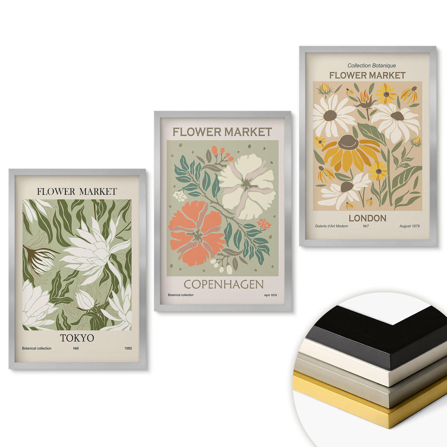 WANDBILDER 3er Set - 40x60 cm Silberner Rahmen - Blumenmotive aus Städten auf der ganzen Welt - Silberfarben, Kunststoff (40/60cm) - ArtPrintCave