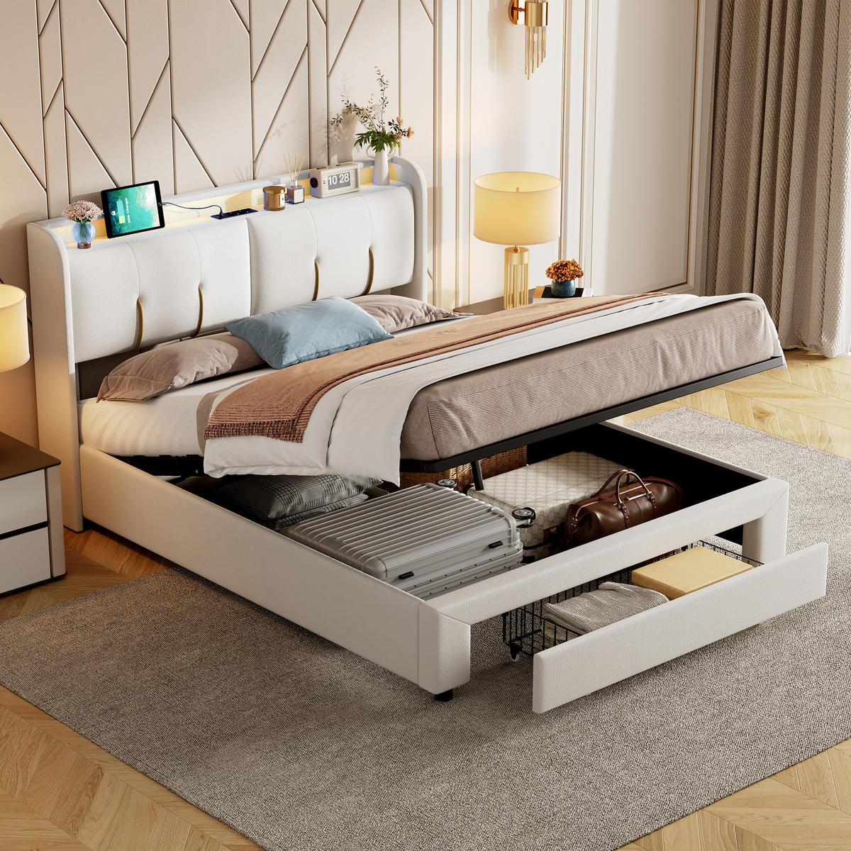 POLSTERBETT 140x200 cm Creme LED USB Schublade Kopfteil - Beige, Holz (140/200cm) - SHOPENTRA