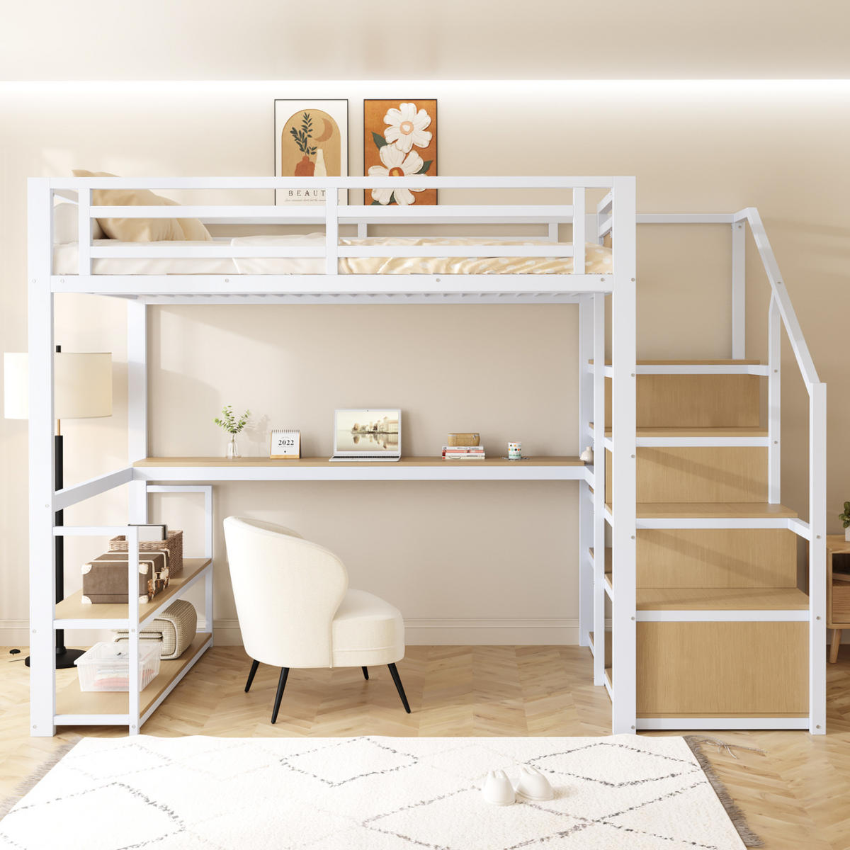 HOCHBETT 140/200 cm mit Stauraumtreppe, Regalen und Schreibtisch, Metall, Weiß - Weiß, Metall (140/200cm) - Redom