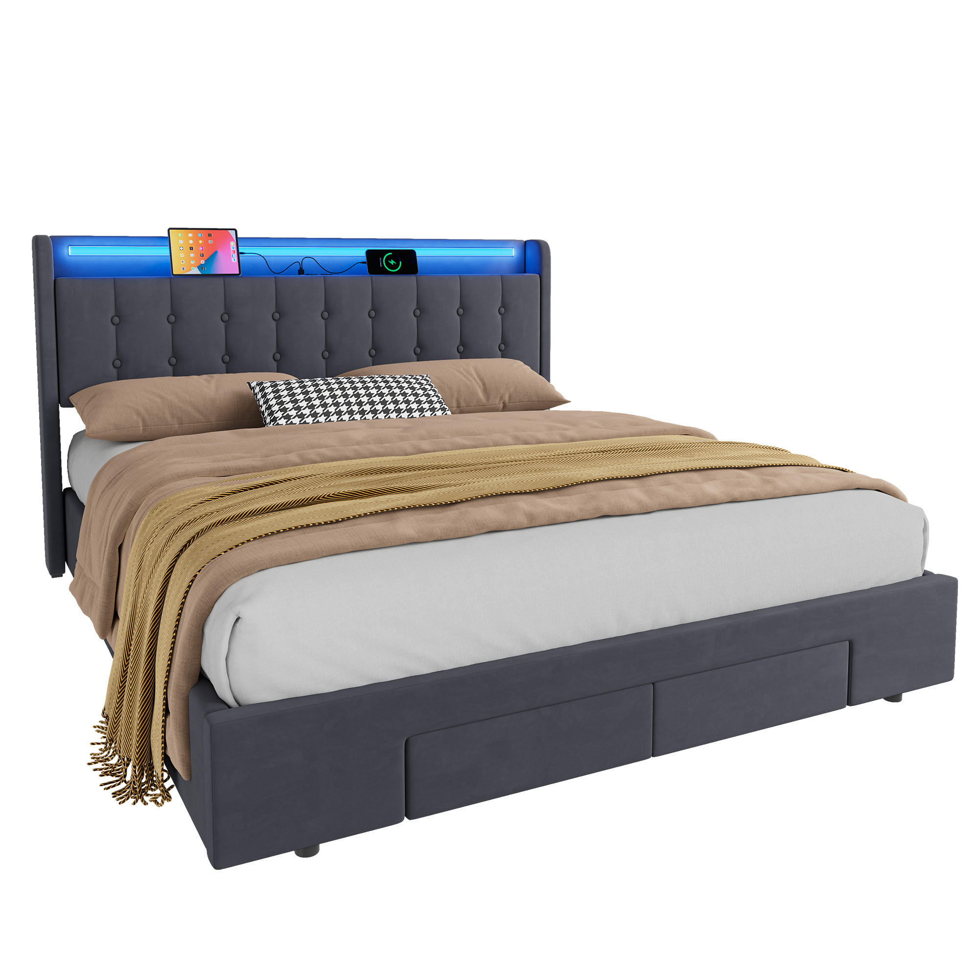 POLSTERBETT 180/200 cm mit Stauraum und Steckdose, mit Schubladen, ohne Matratze - Grau, Holzwerkstoff/Textil (180/200cm) - STILVORA