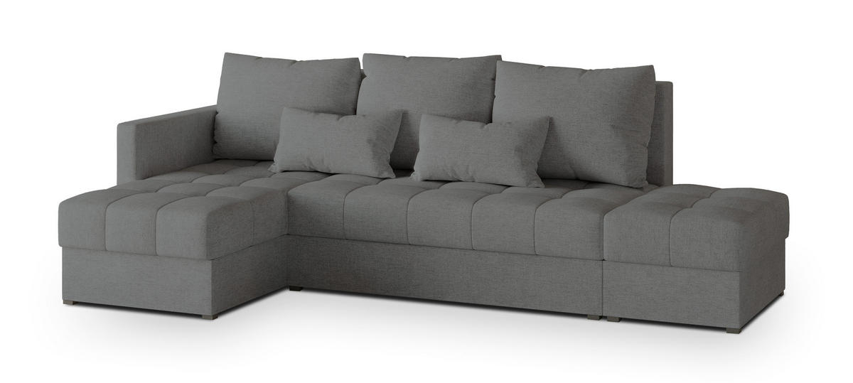 ECKSOFA LUMARI L-S Grau Plüsch-Stoff mit Schlaffunktion - Grau, Holz (262/143cm) - MASSENO
