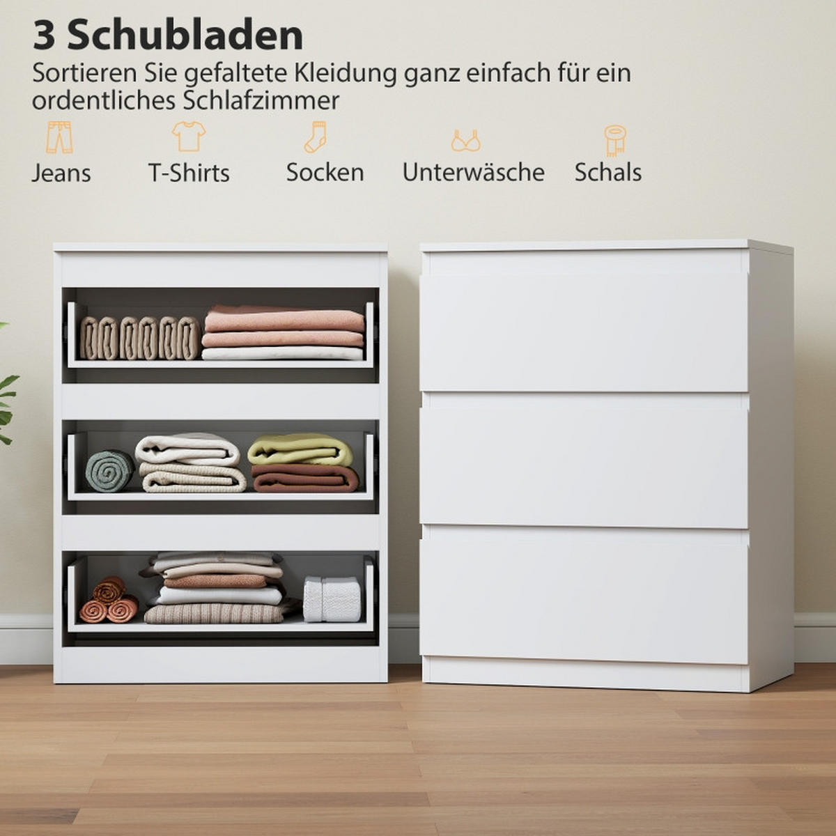 KOMMODE Weiß 60x79x40 cm mit 3 Schubladen - Weiß, Holz (40/79/60cm) - Kaket