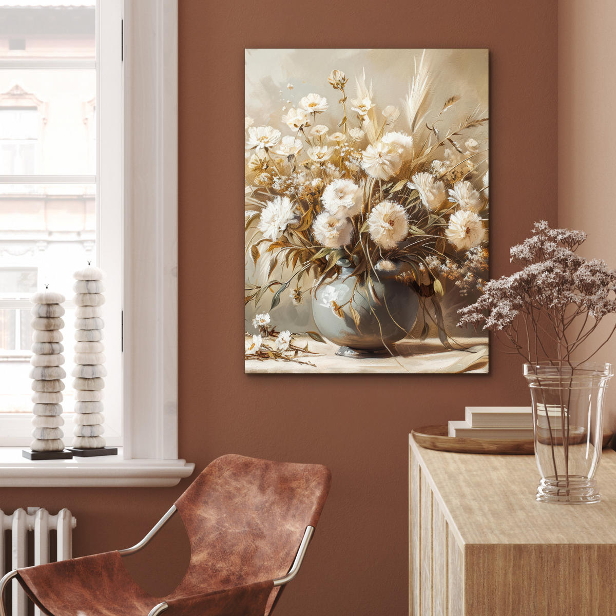 KOVOVÝ OBRAZ Kvety - Váza - Zátišie - Béžová 60x80 cm - krémová, kov (60/80cm) - MuchoWow