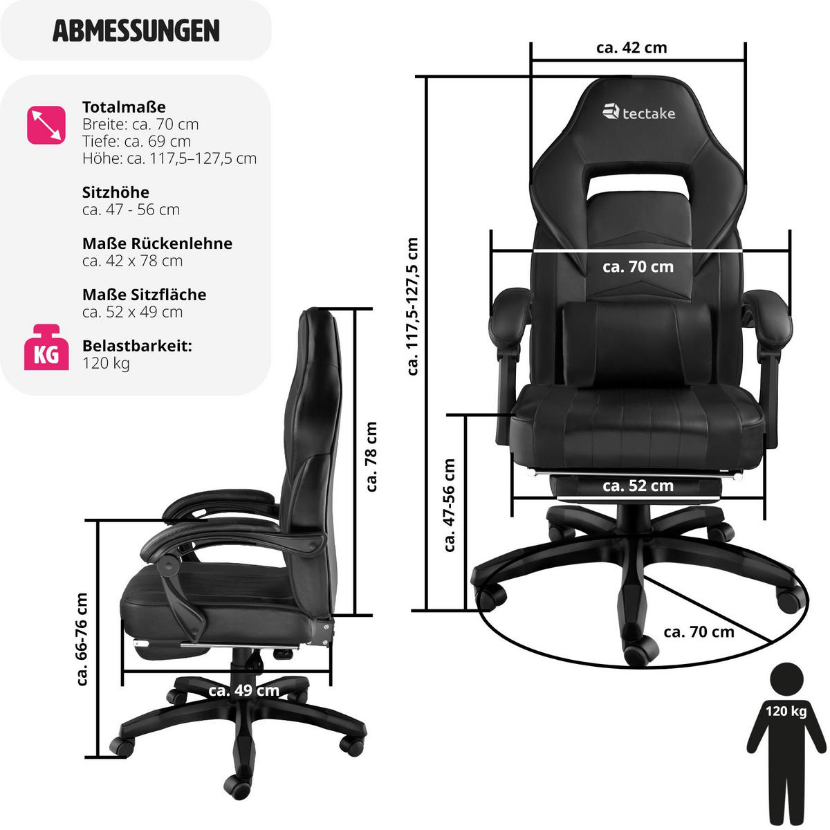 RACING BÜROSTUHL Comodo,inklusive Lendenkissen, Belastbarkeit 120 kg,schwarz/schwarz - Schwarz, Textil (70/127.5/69cm) - tectake